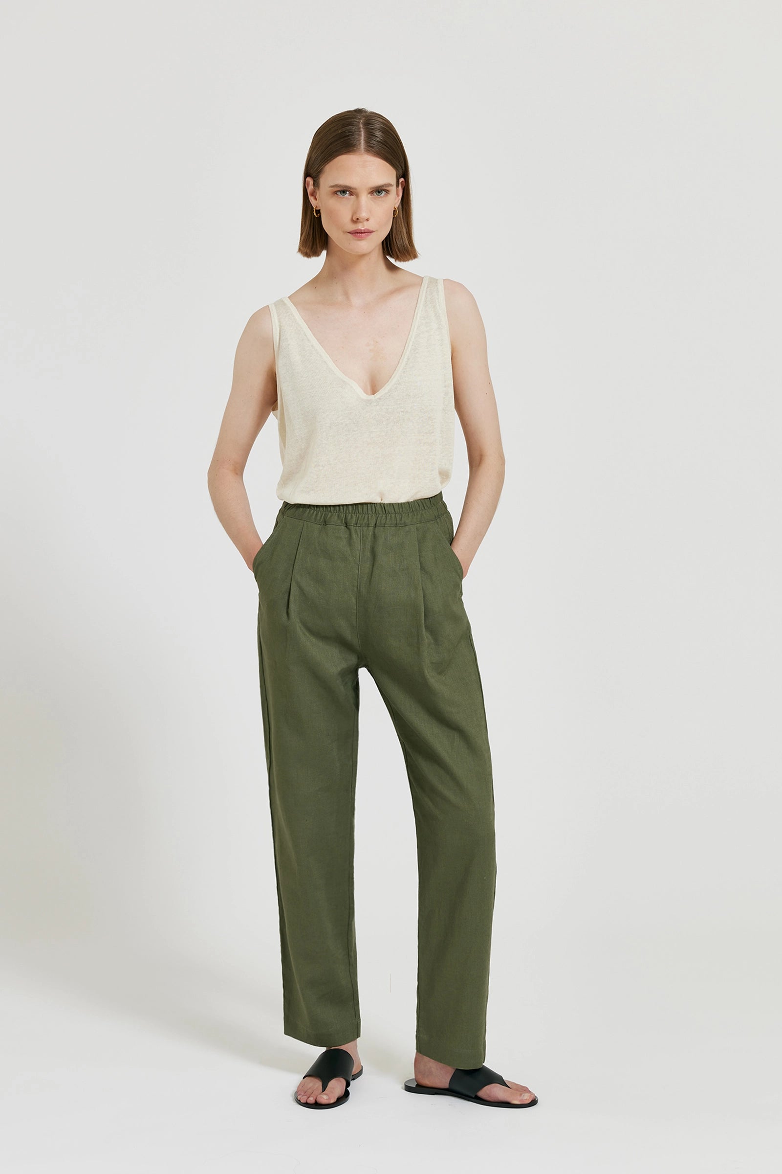 Dara Linnebyxa Med Elastisk Midja - Khaki