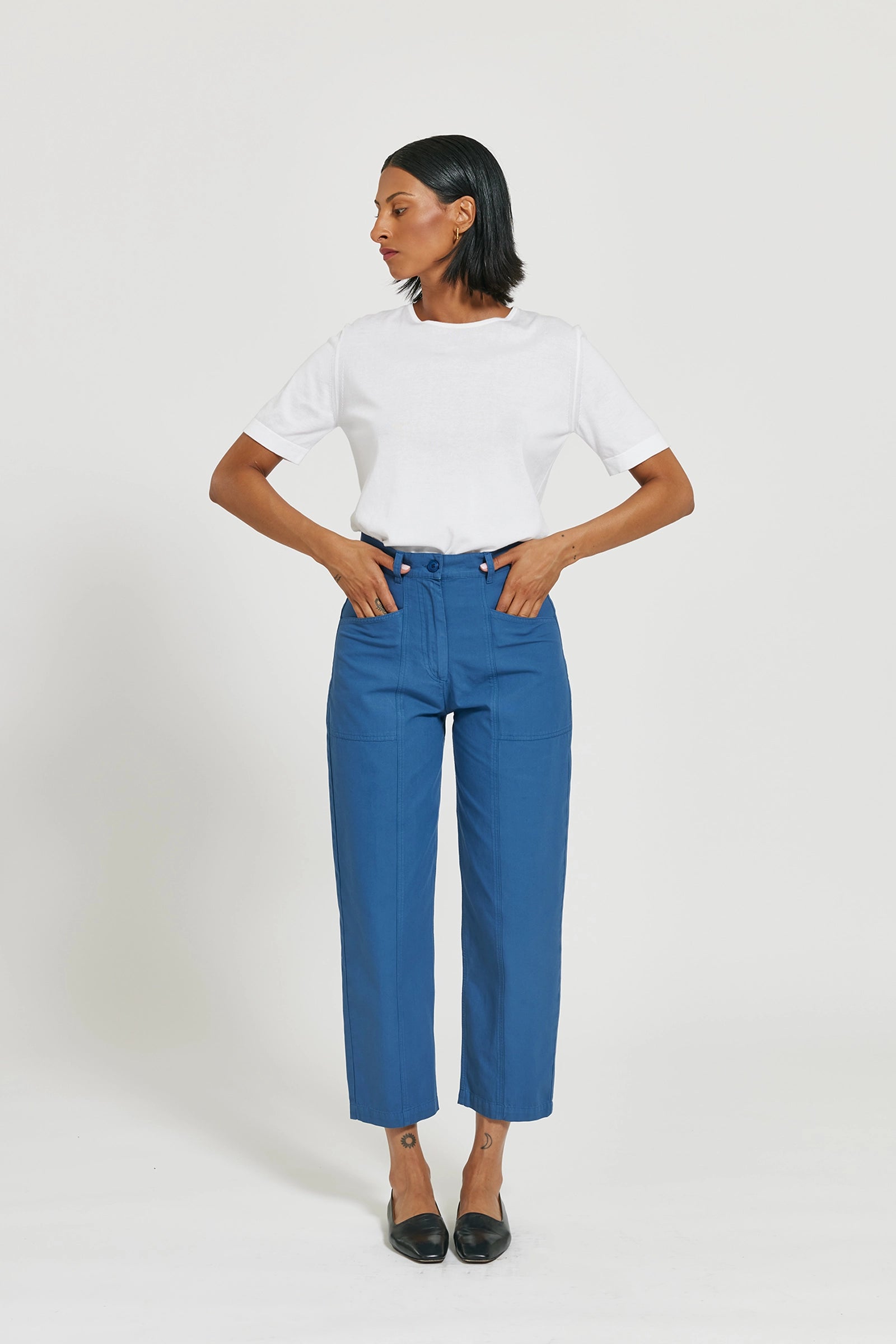 Alia Barrel Leg Superior Cotton Trousers - Thunder Blue