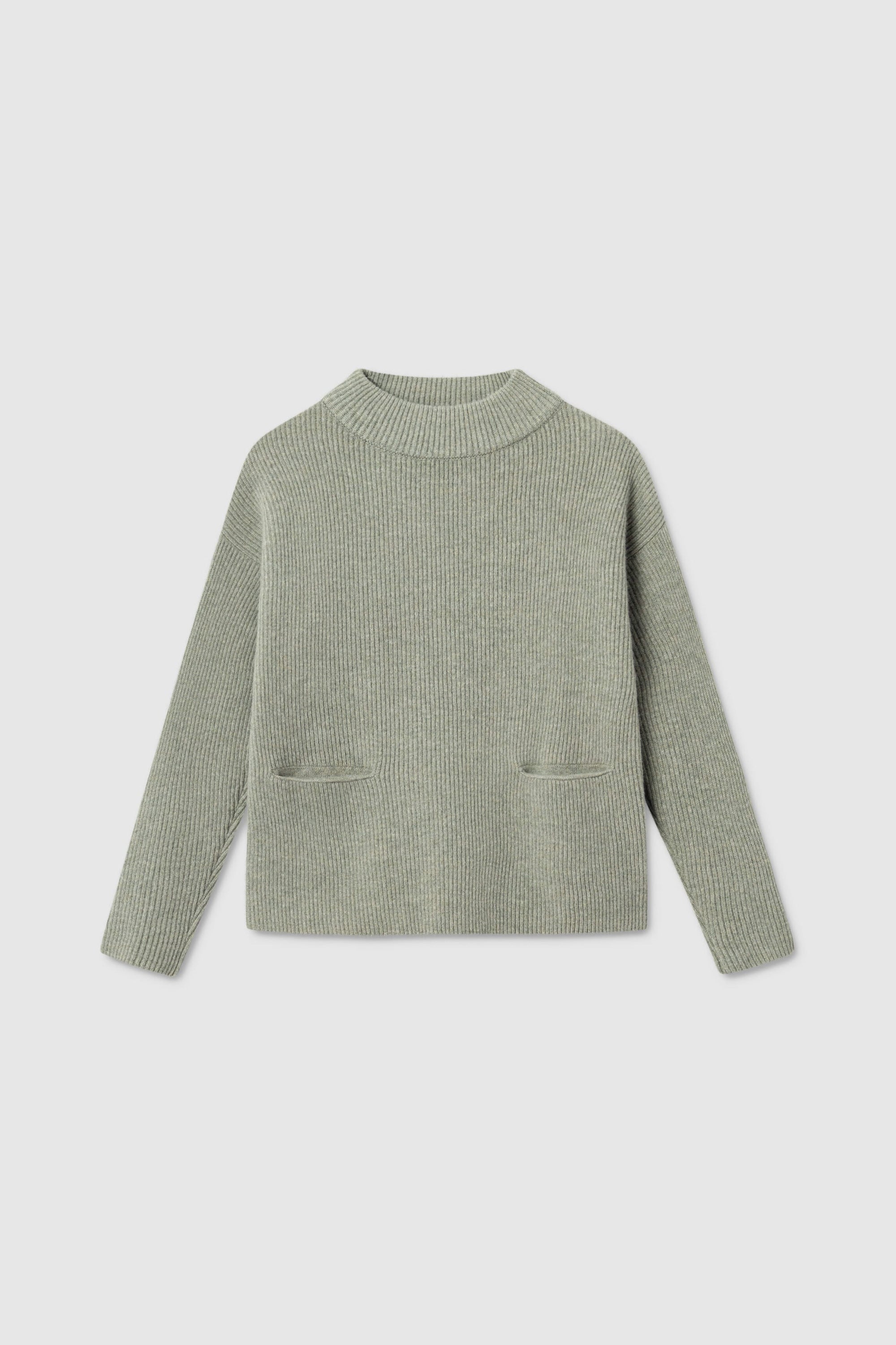 Helga Ribbstickad Ulltröja Med Fickor - Laurel Green Melange