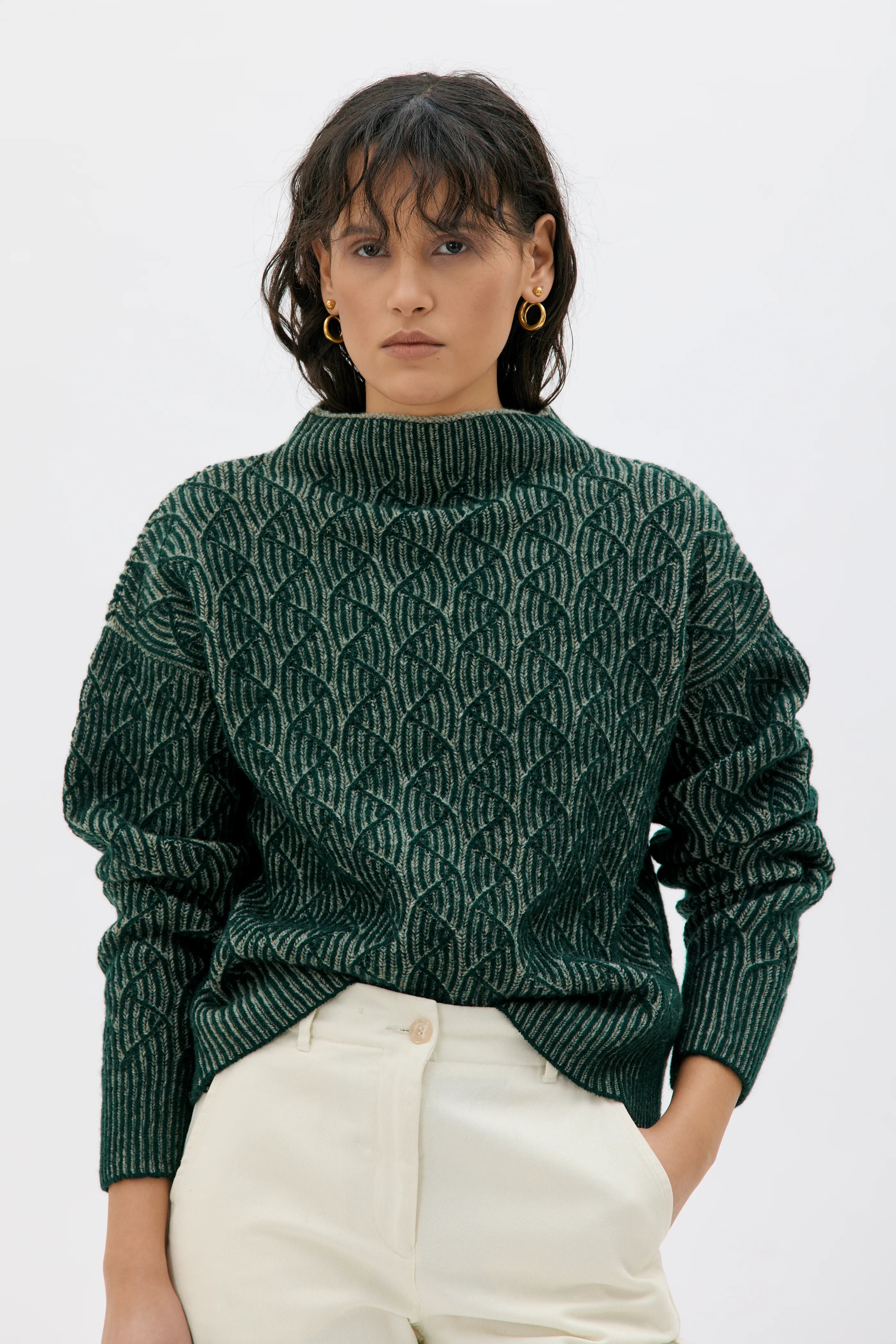 Zoya Bicolour Lambswool Sweater - Pine Green Bicolour / Flerfärgad ulltröja - Grön