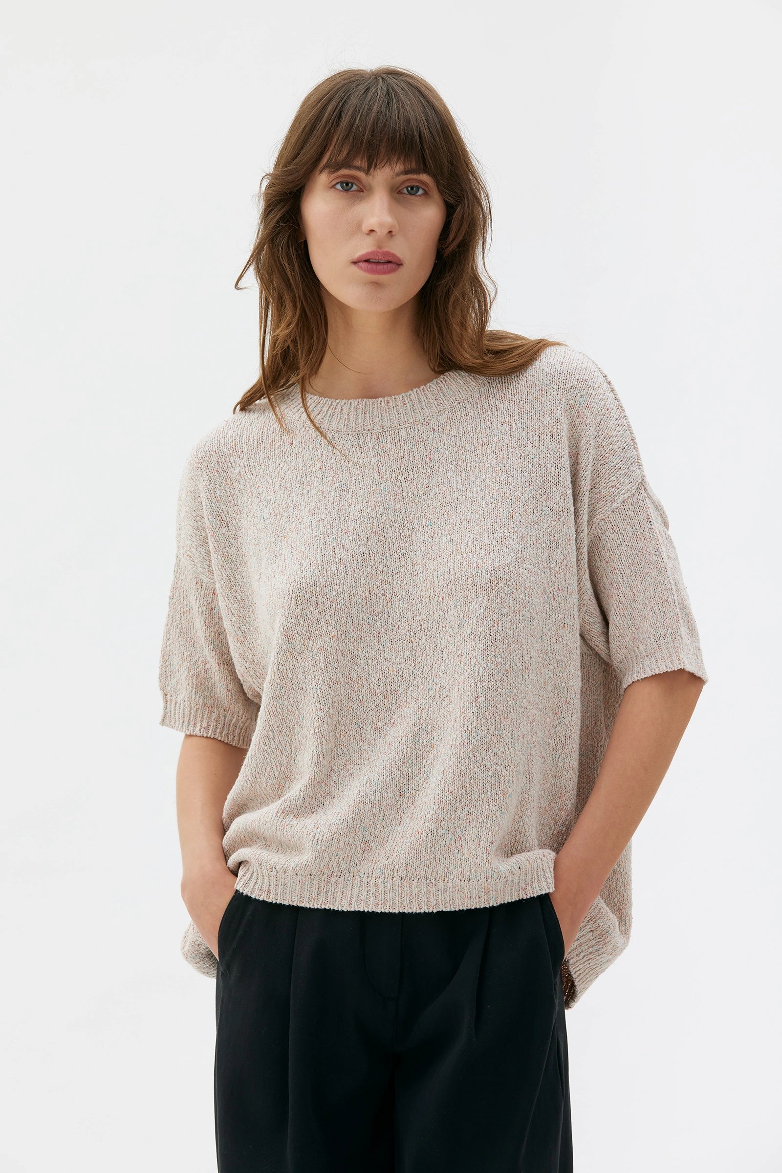 Ivana Cotton Silk Linen Slub Yarn Sweater – Off White Noil