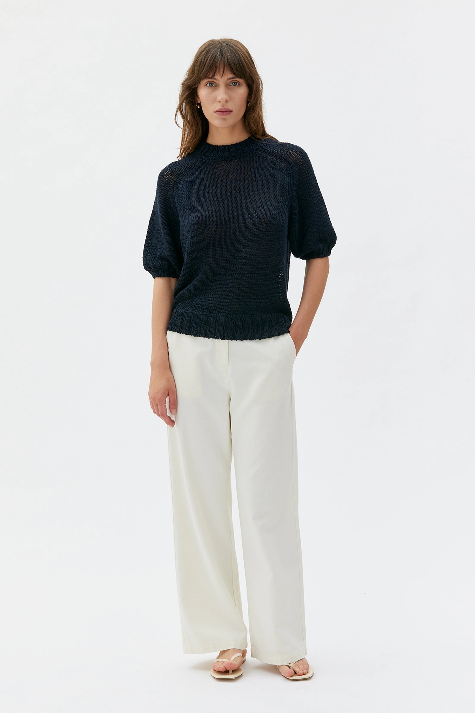 Mina Shortsleeve Raglan Linen Silk Blend Sweater – Deep Night Blue