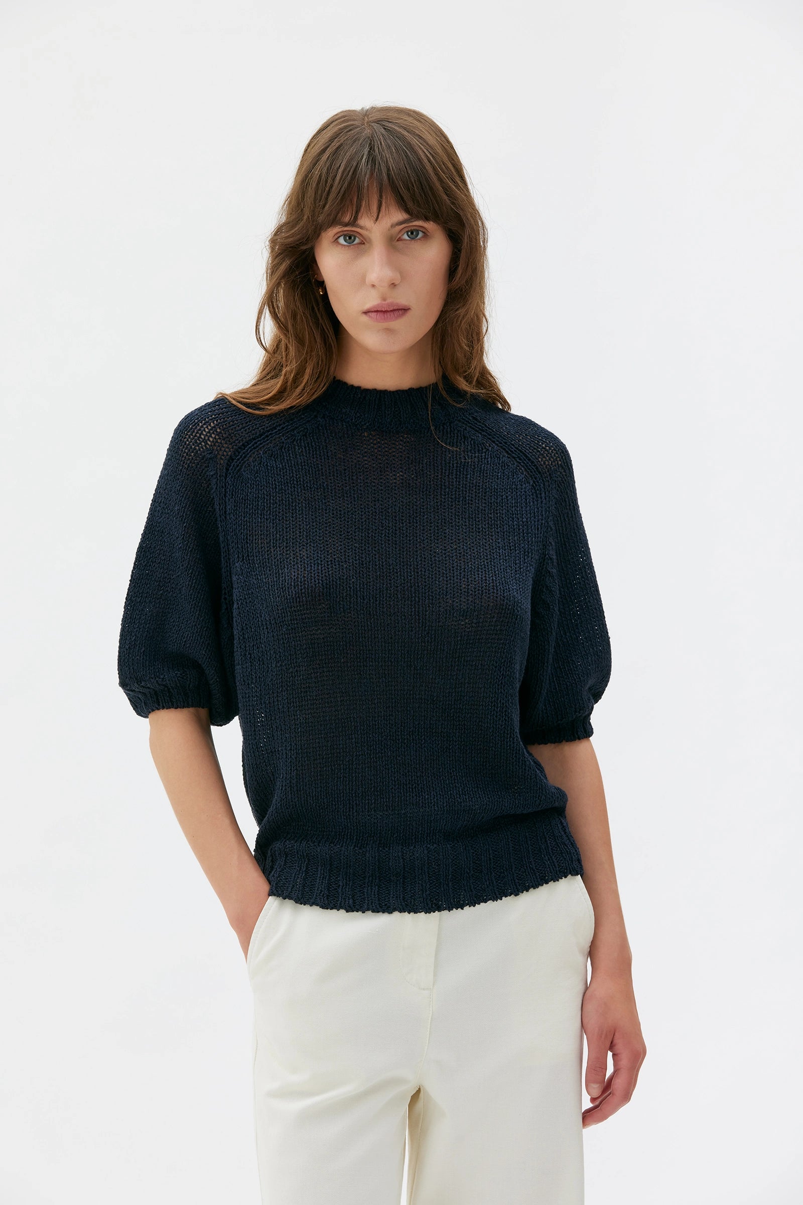 Mina Shortsleeve Raglan Linen Silk Blend Sweater – Deep Night Blue