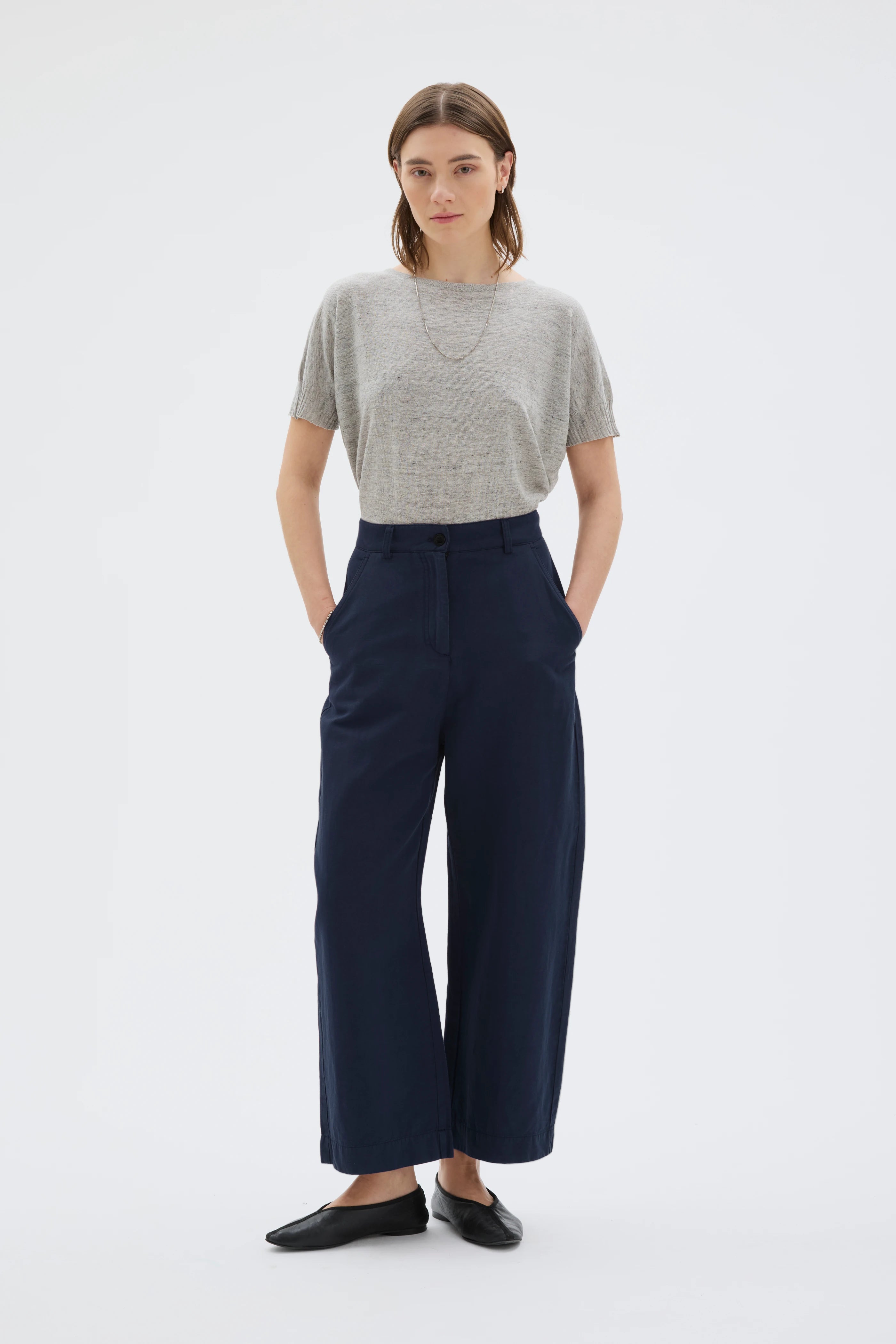 Hisa Organic Cotton Linen Tencel Curved Leg Trousers - Deep Night Blue