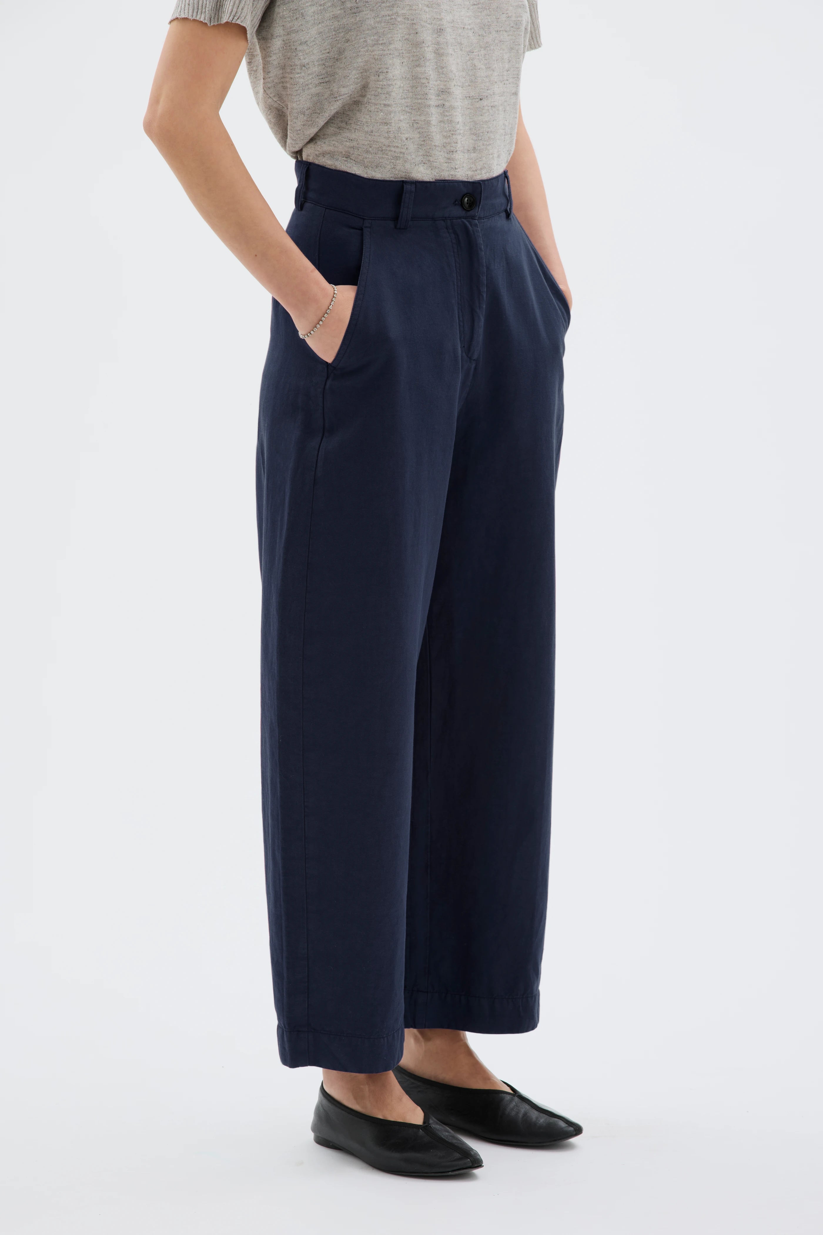 Hisa Organic Cotton Linen Tencel Curved Leg Trousers - Deep Night Blue