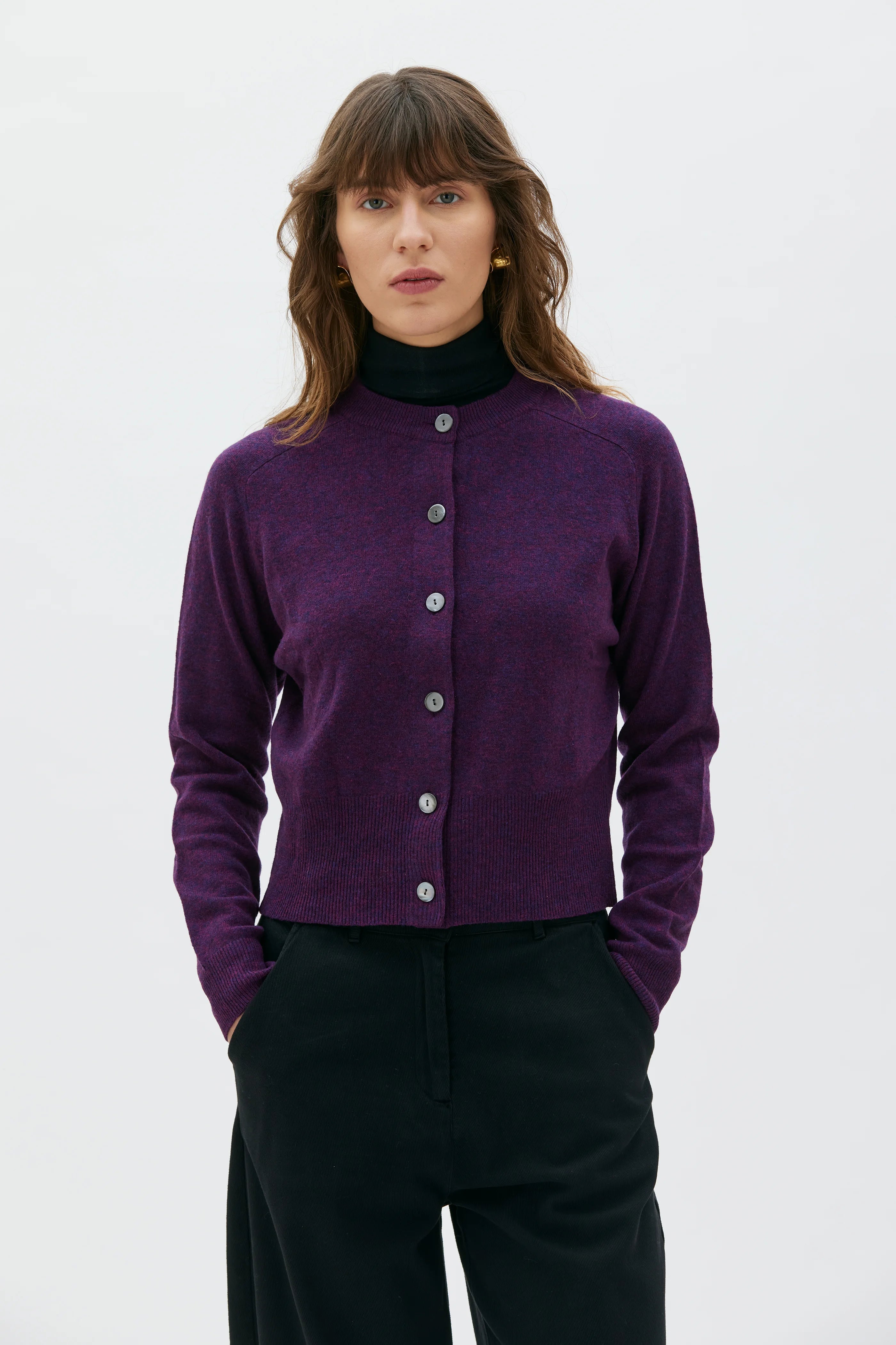 Malou Fine Knitted Crewneck Cardigan - Grape Melange