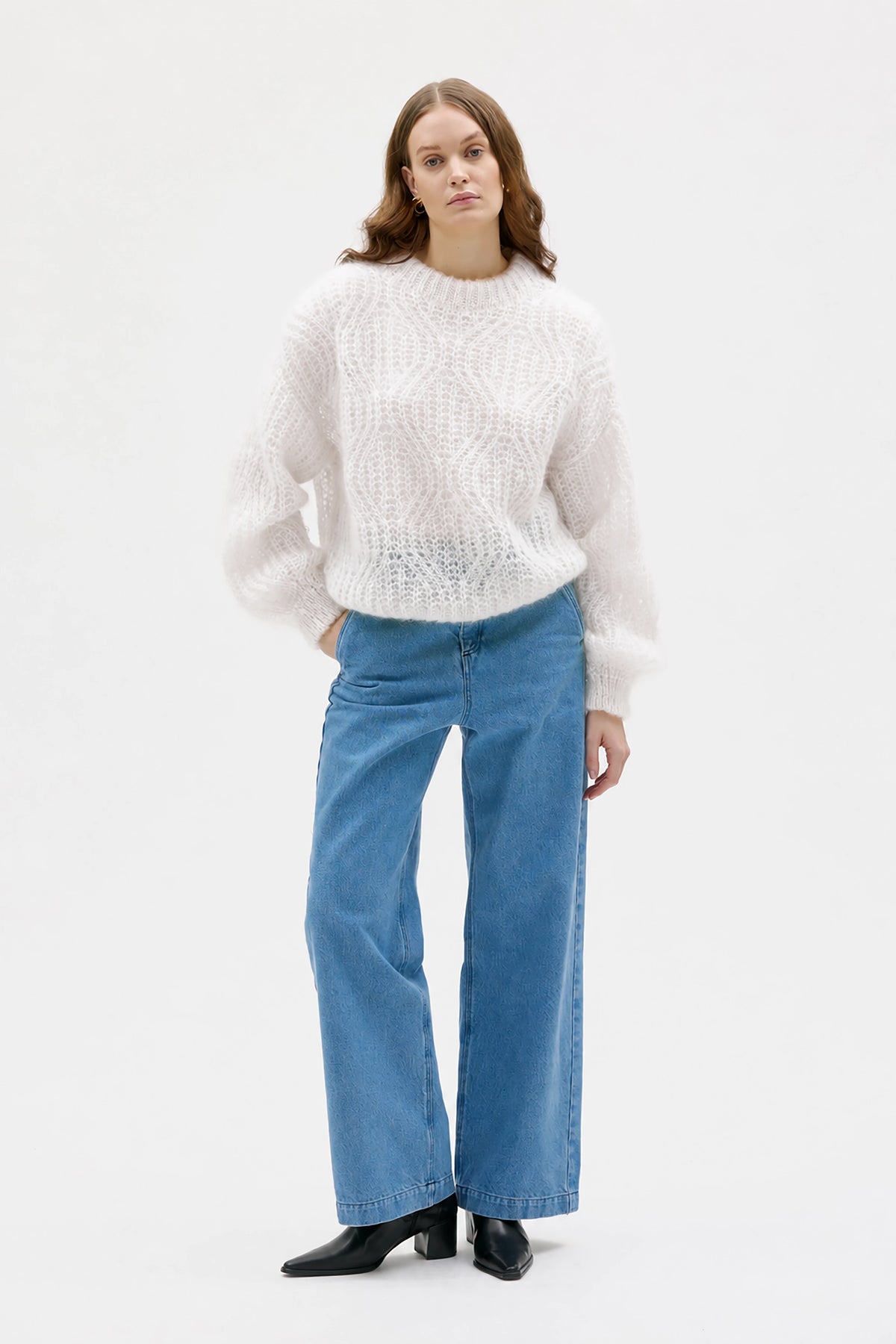 Dove Lace Knit Mohair Silk Sweater - White