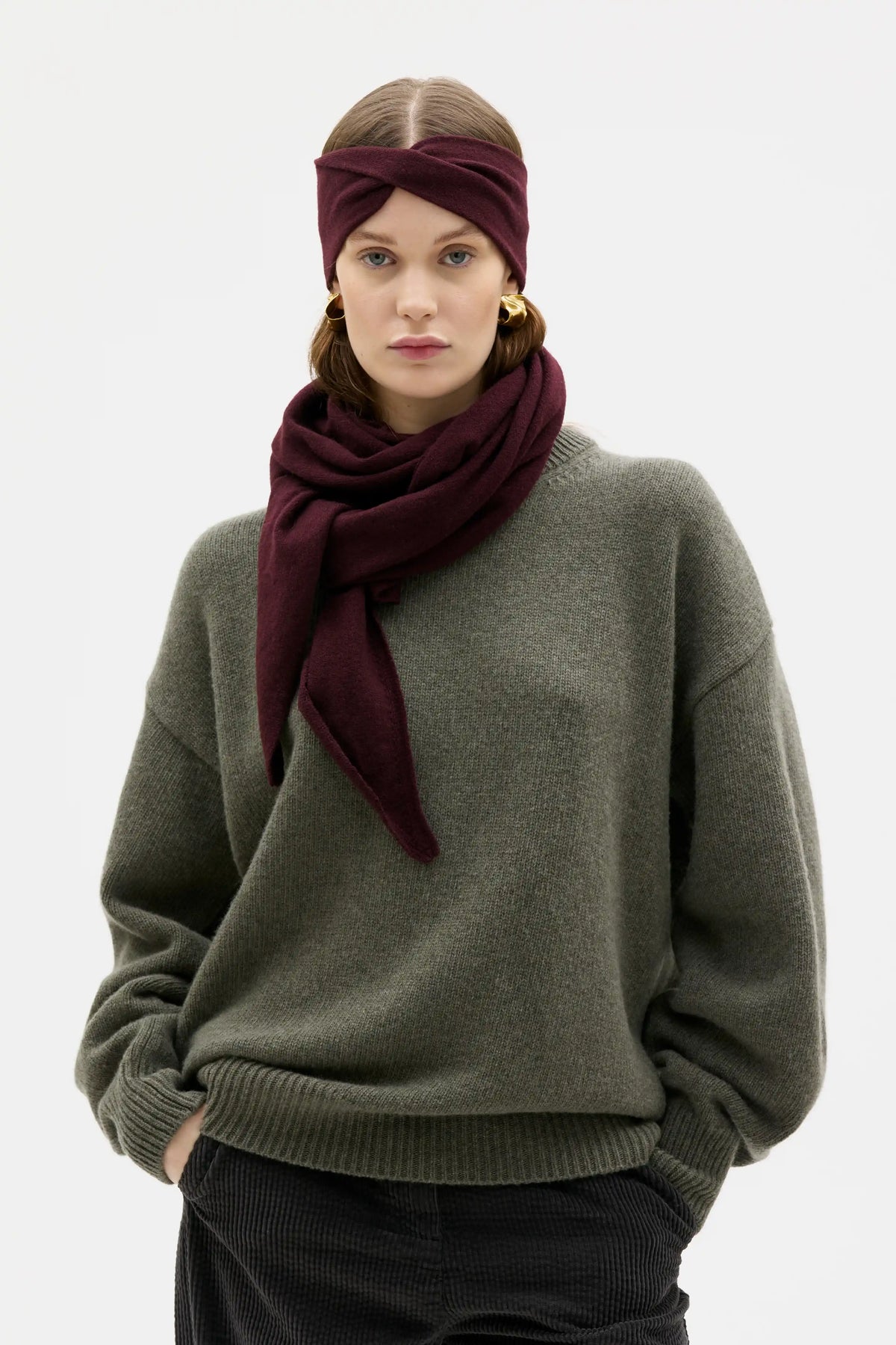 Ena Large Triangle Wool Cashmere Scarf - Port Wine