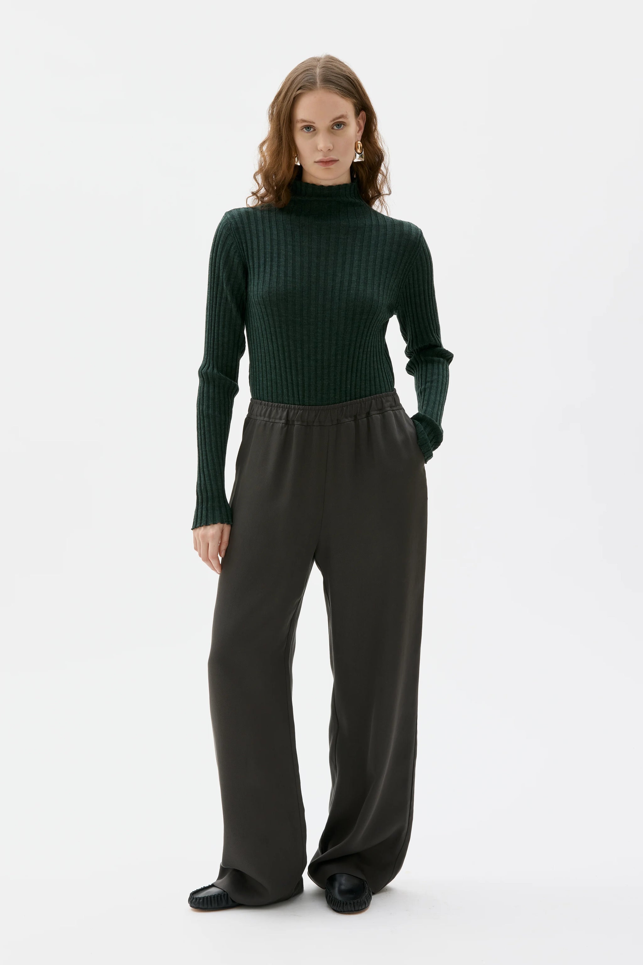 CTHY TECHWOOL BAGGY SARROUEL SLACKS カーキ Valli Long Tencel Twill Trousers - Shiitake Brown