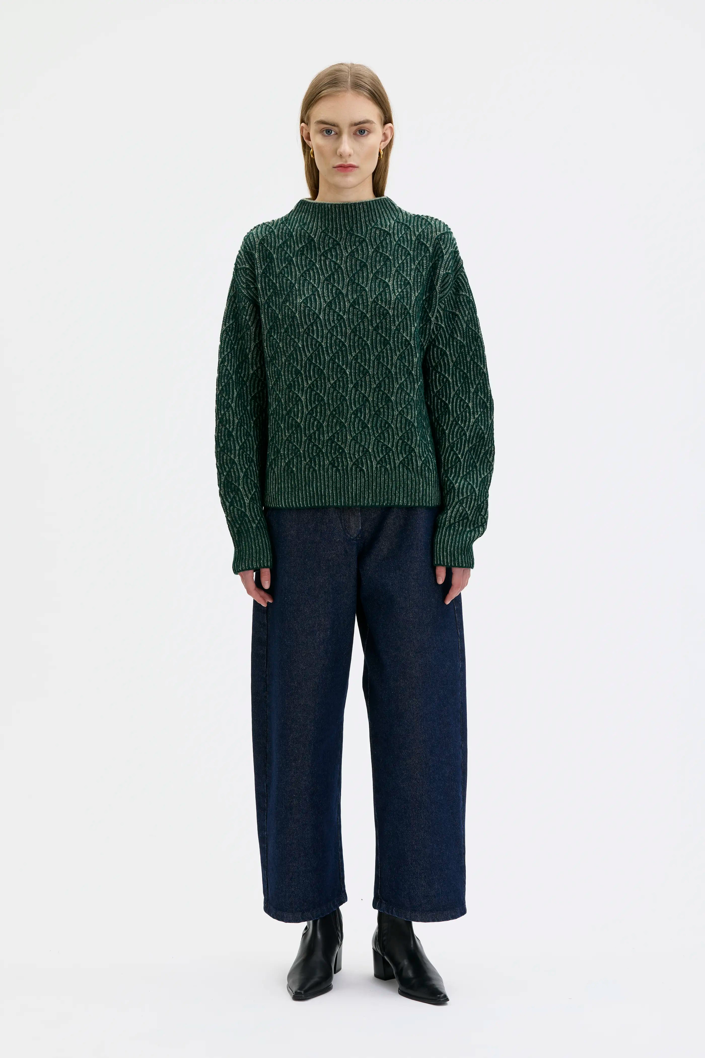 Zoya Textured Knit Lambswool Sweater - Pine Green