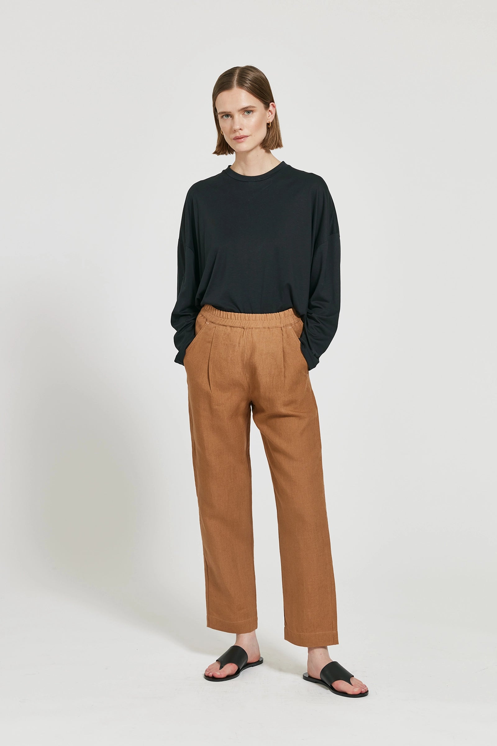 Dara Linnebyxa Med Elastisk Midja - Cognac