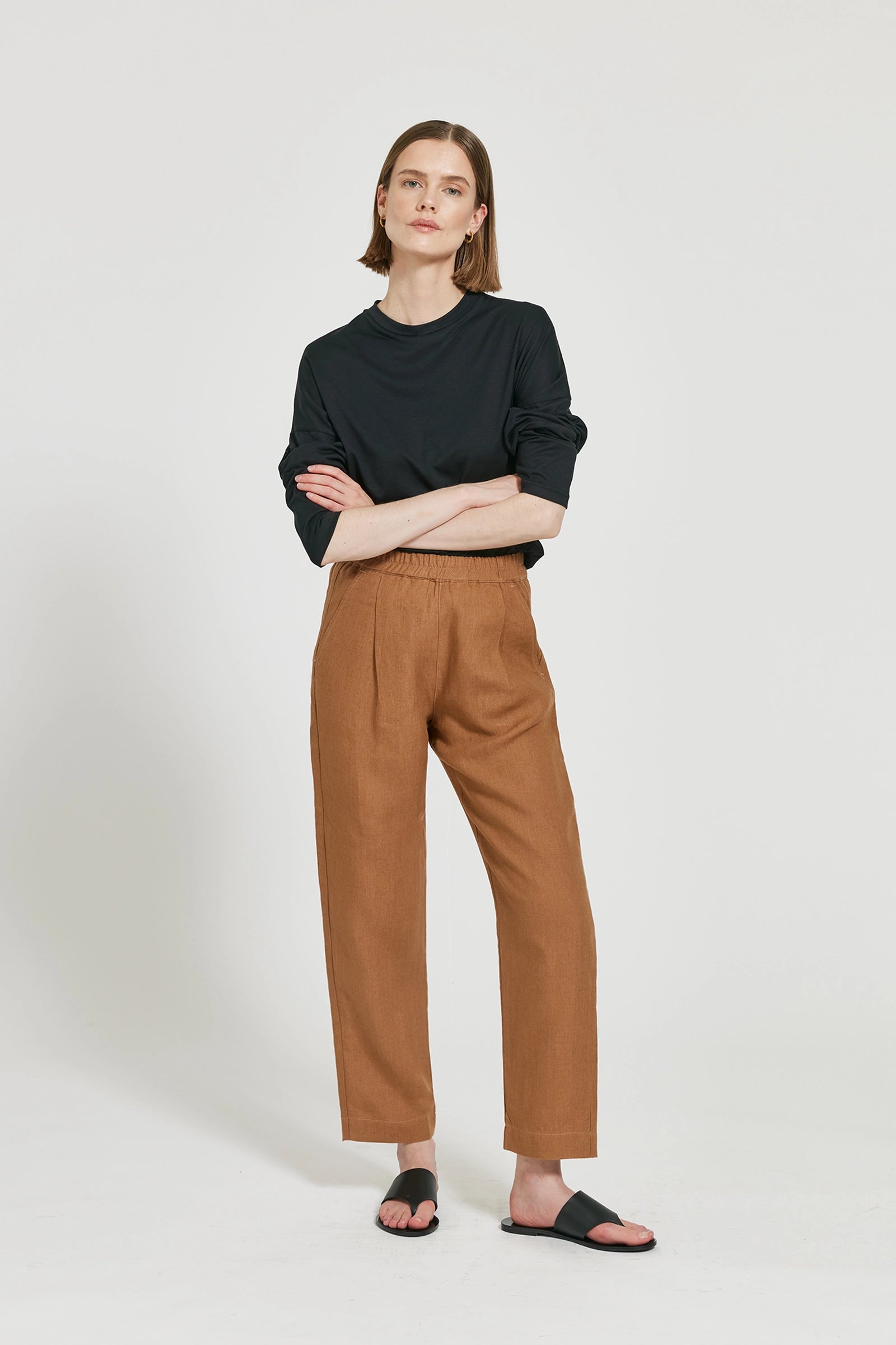 Dara Linnebyxa Med Elastisk Midja - Cognac