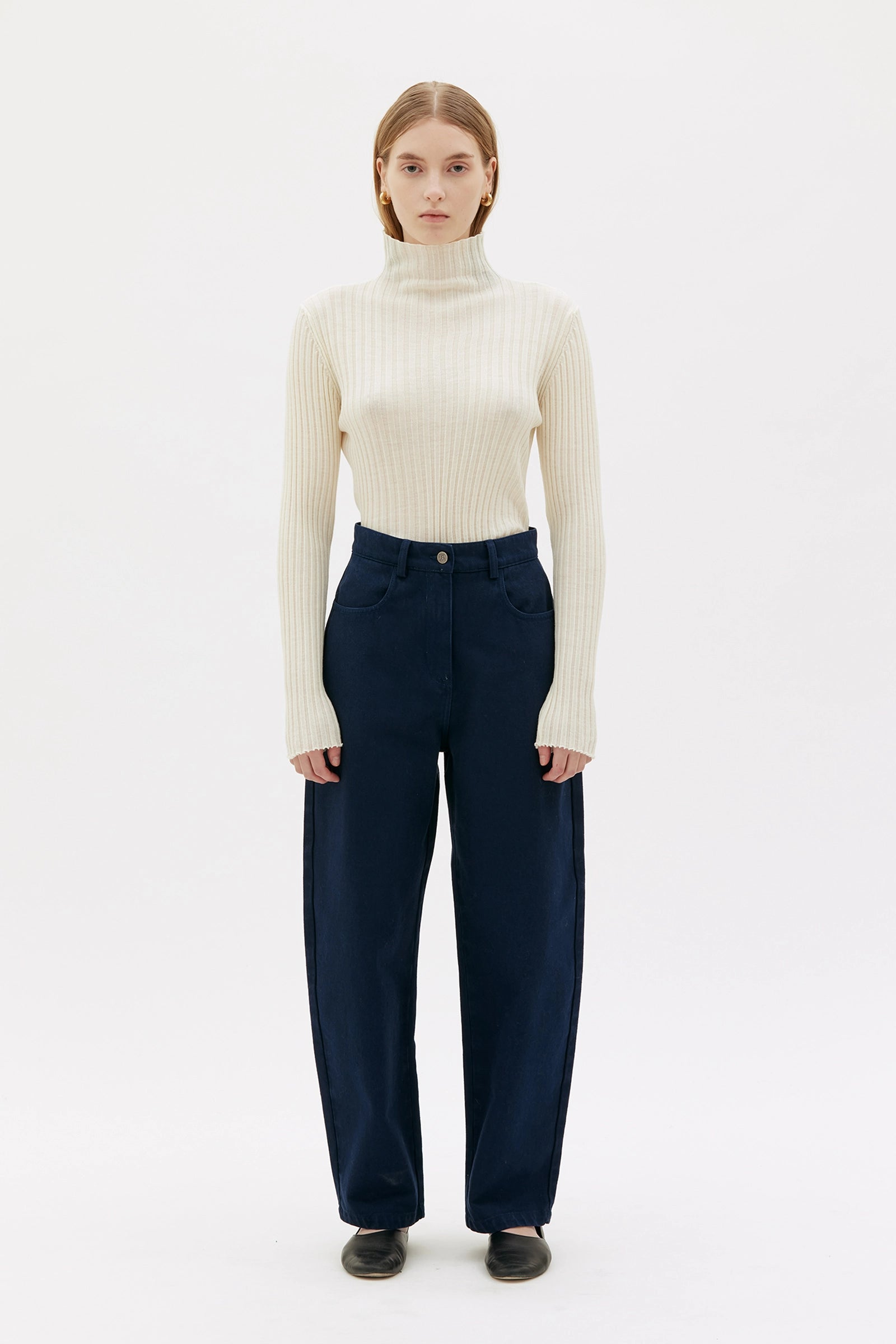 Arvi RIbbed Fine Merino Wool Mock Neck Top - Cream White