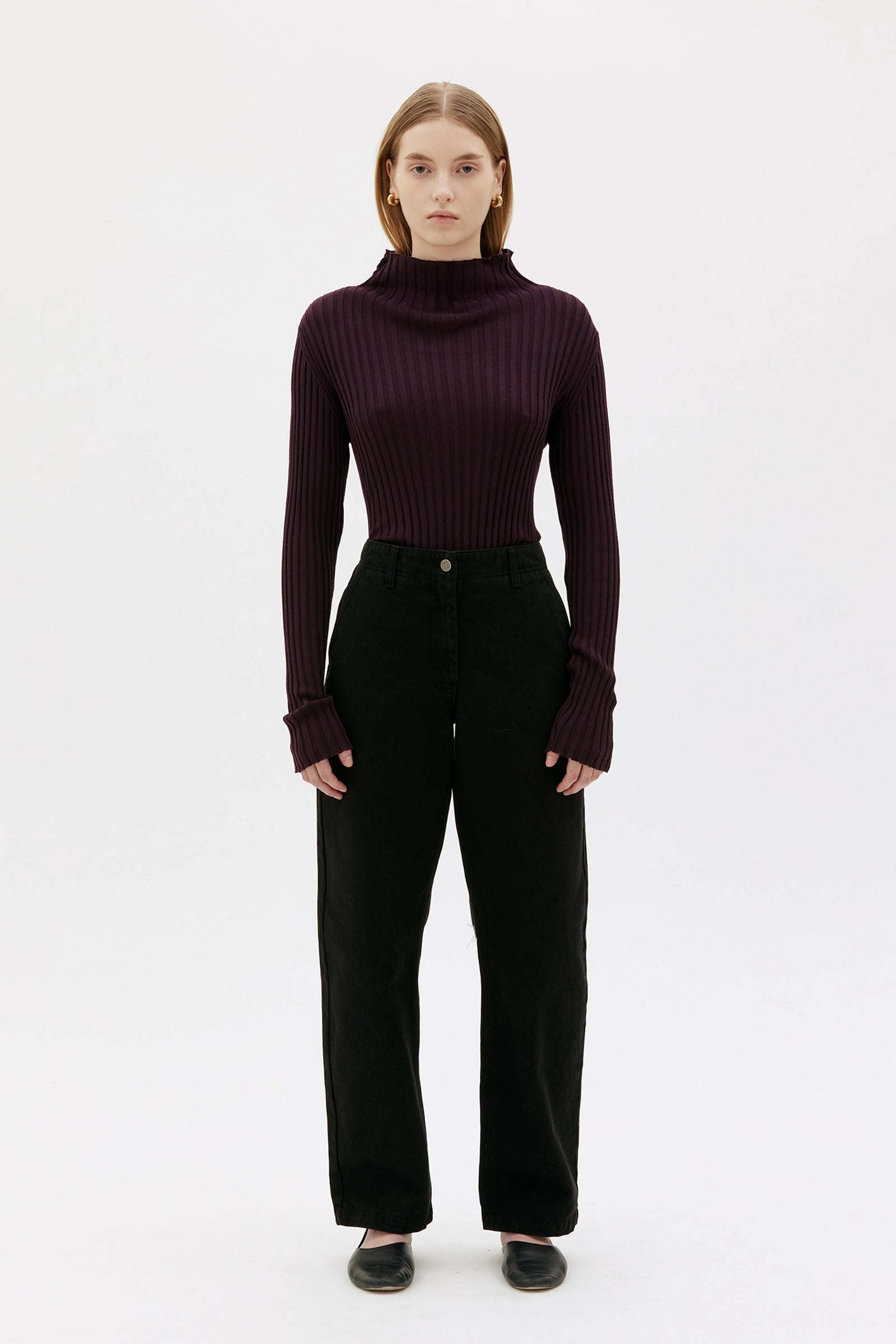 Arvi Ribbed Fine Merino Wool Mock Neck Top - Red Noir