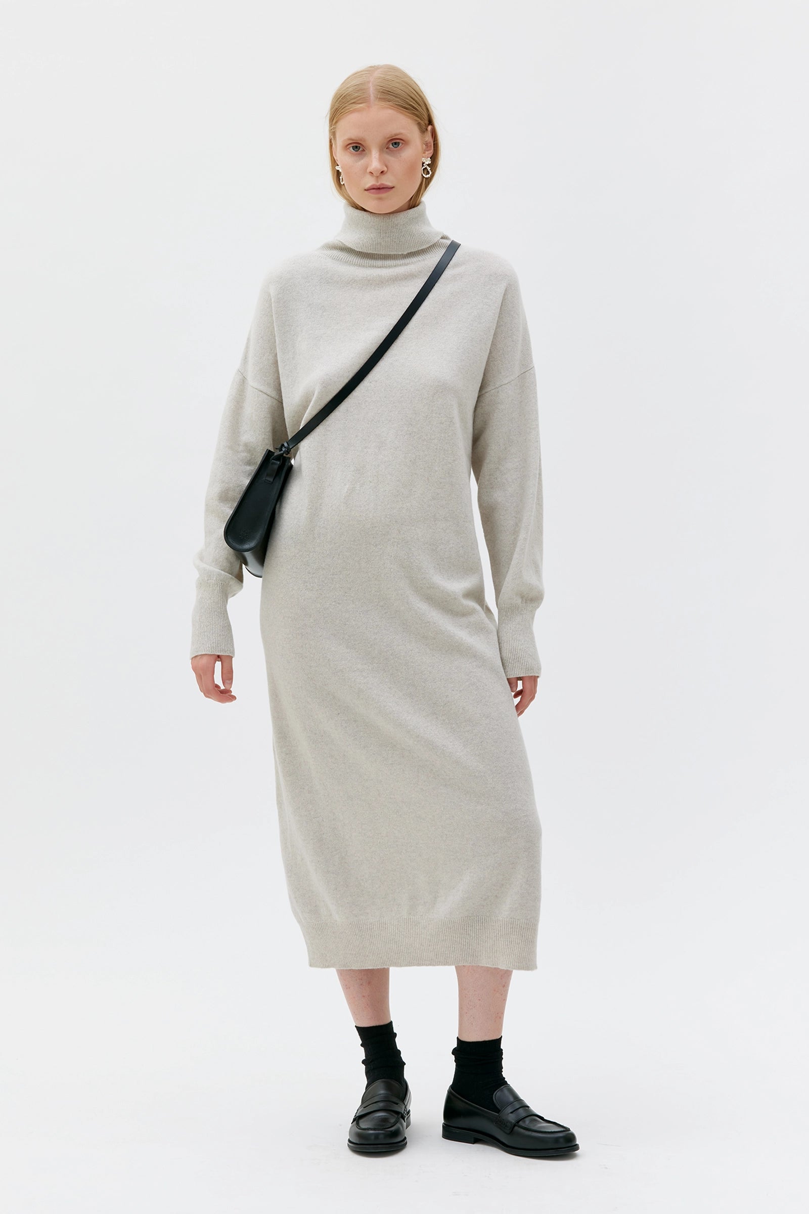 Kaya Oversized Turtle Neck Wool Dress - Sand Melange