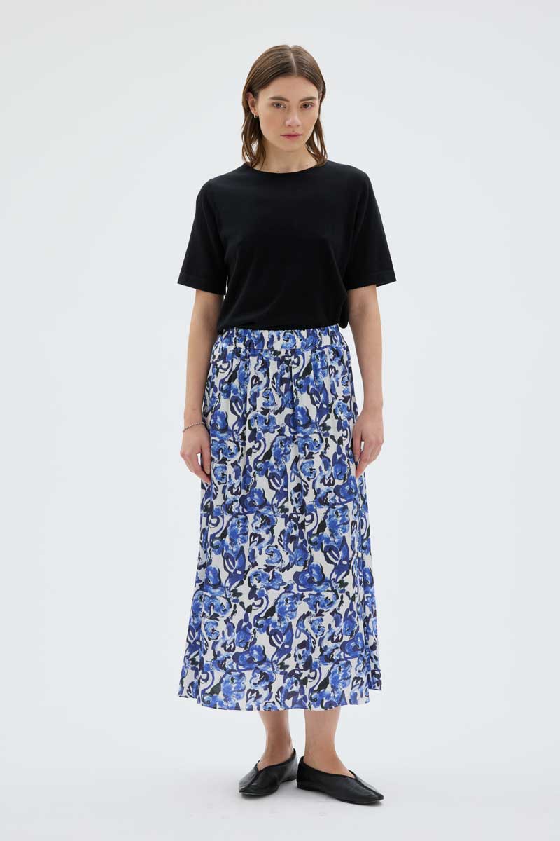 Ako Printed Long Satin Skirt - Garden Blue