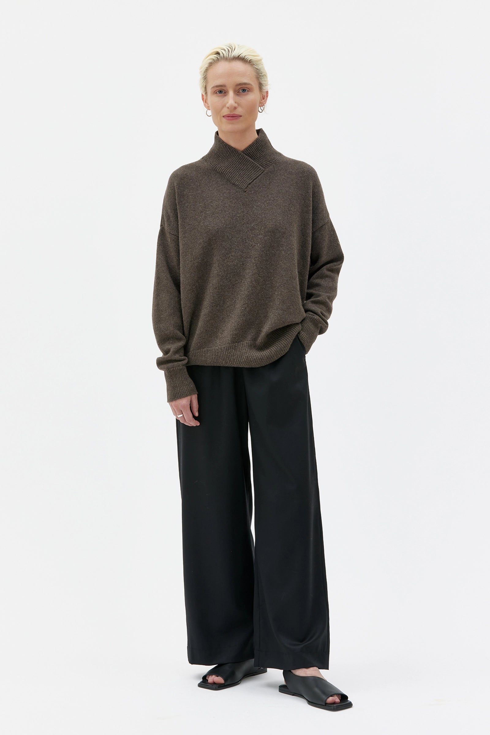 Orla Wrap Neck Cashmere Sweater - Walnut Melange