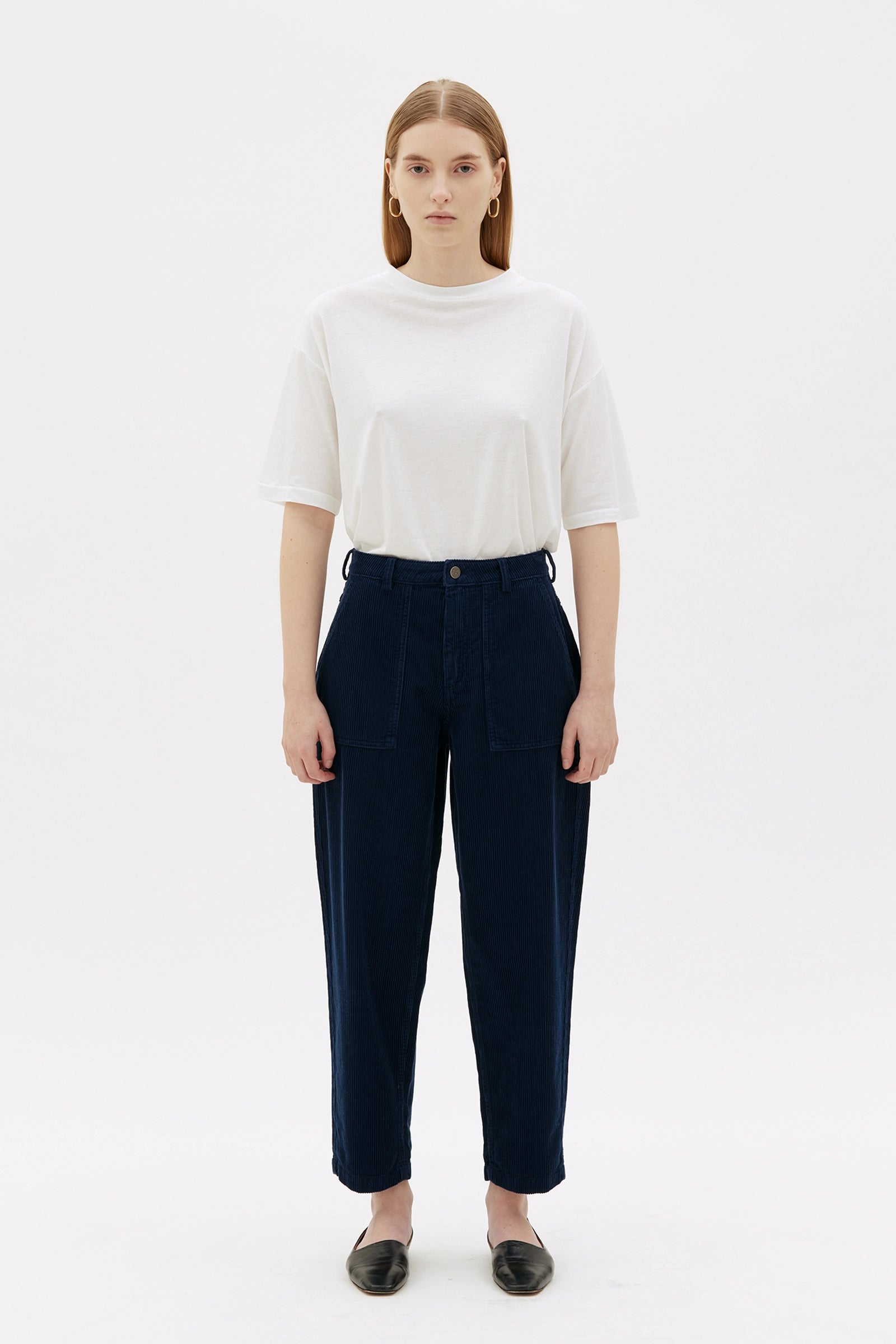 Ruth Barrel Leg Organic Cotton Corduroy Trouser - Ink Blue