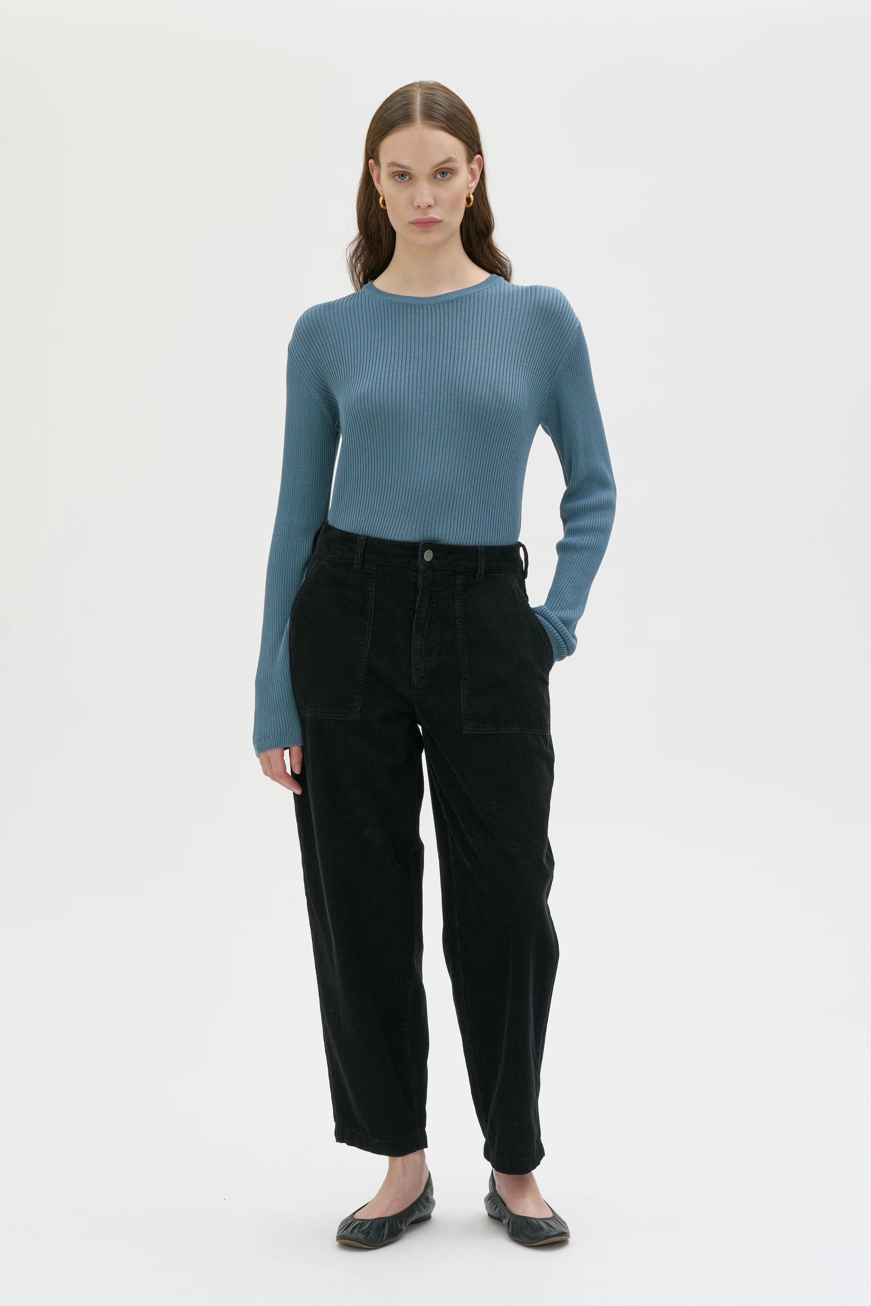 Ruth Barrel Leg Organic Cotton Corduroy Trousers - Black