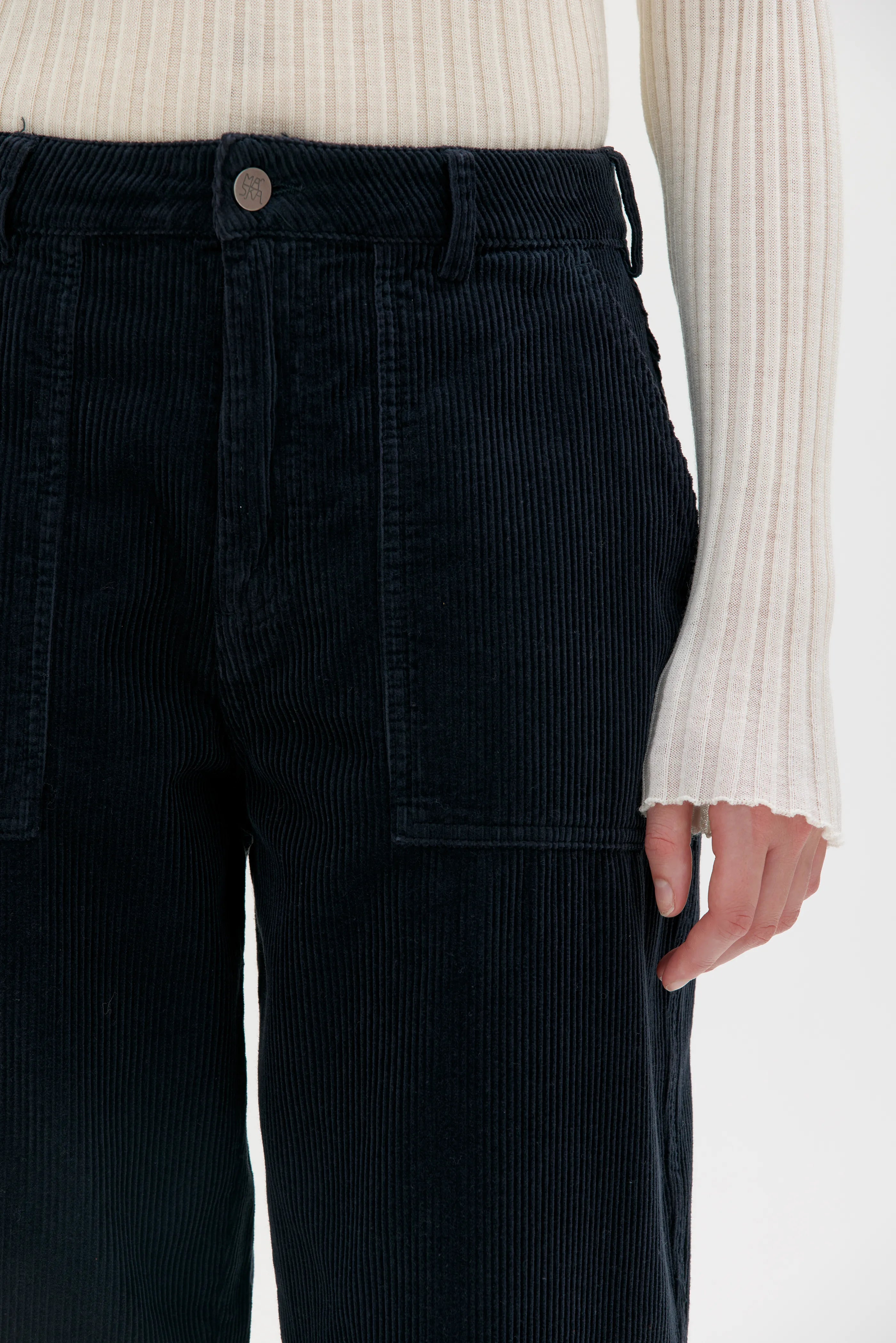 Ruth Barrel Leg Organic Cotton Corduroy Trouser - Ink Blue