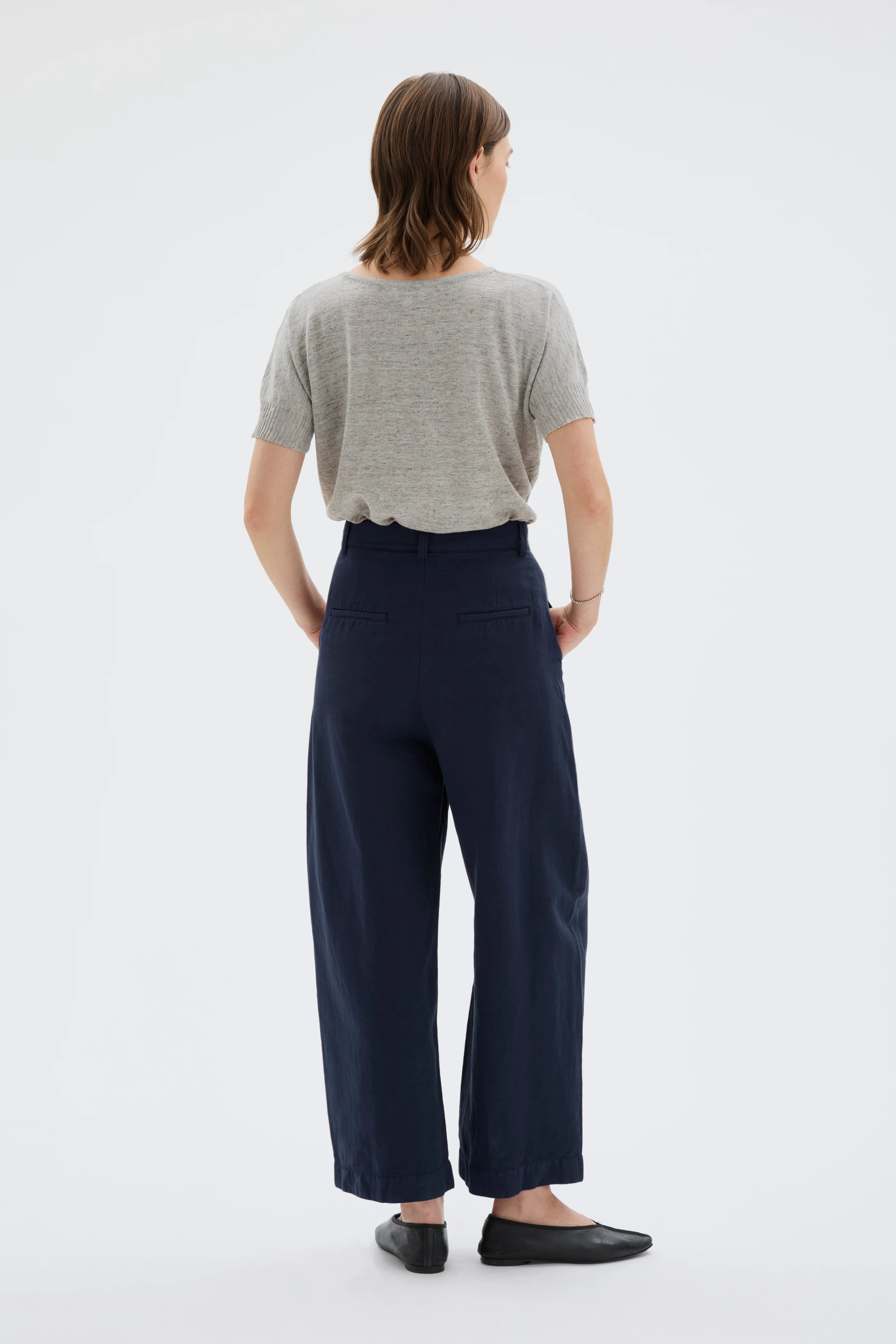 Hisa Organic Cotton Linen Tencel Curved Leg Trousers - Deep Night Blue