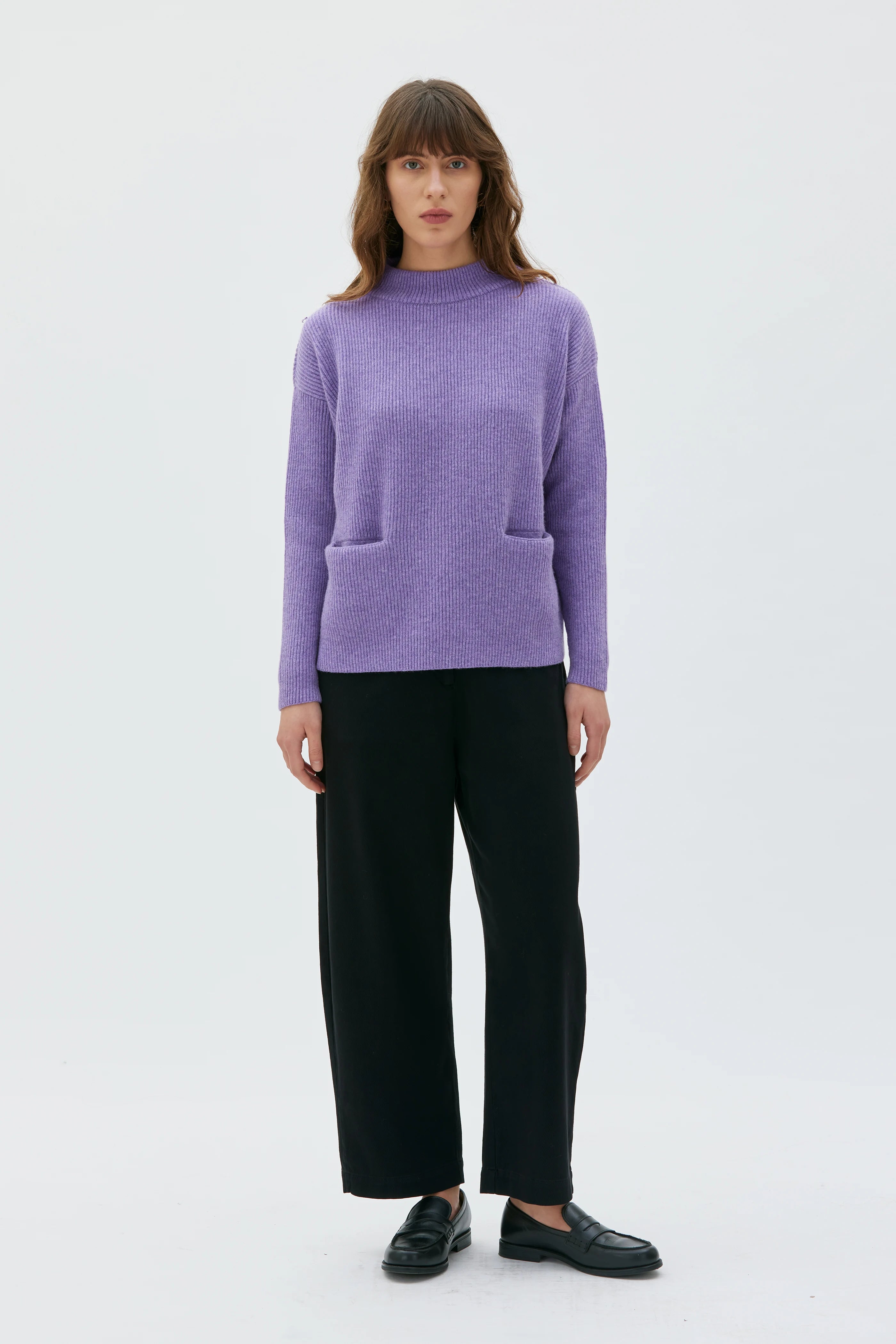 Helga Ribbstickad Ulltröja Med Fickor - Lilac