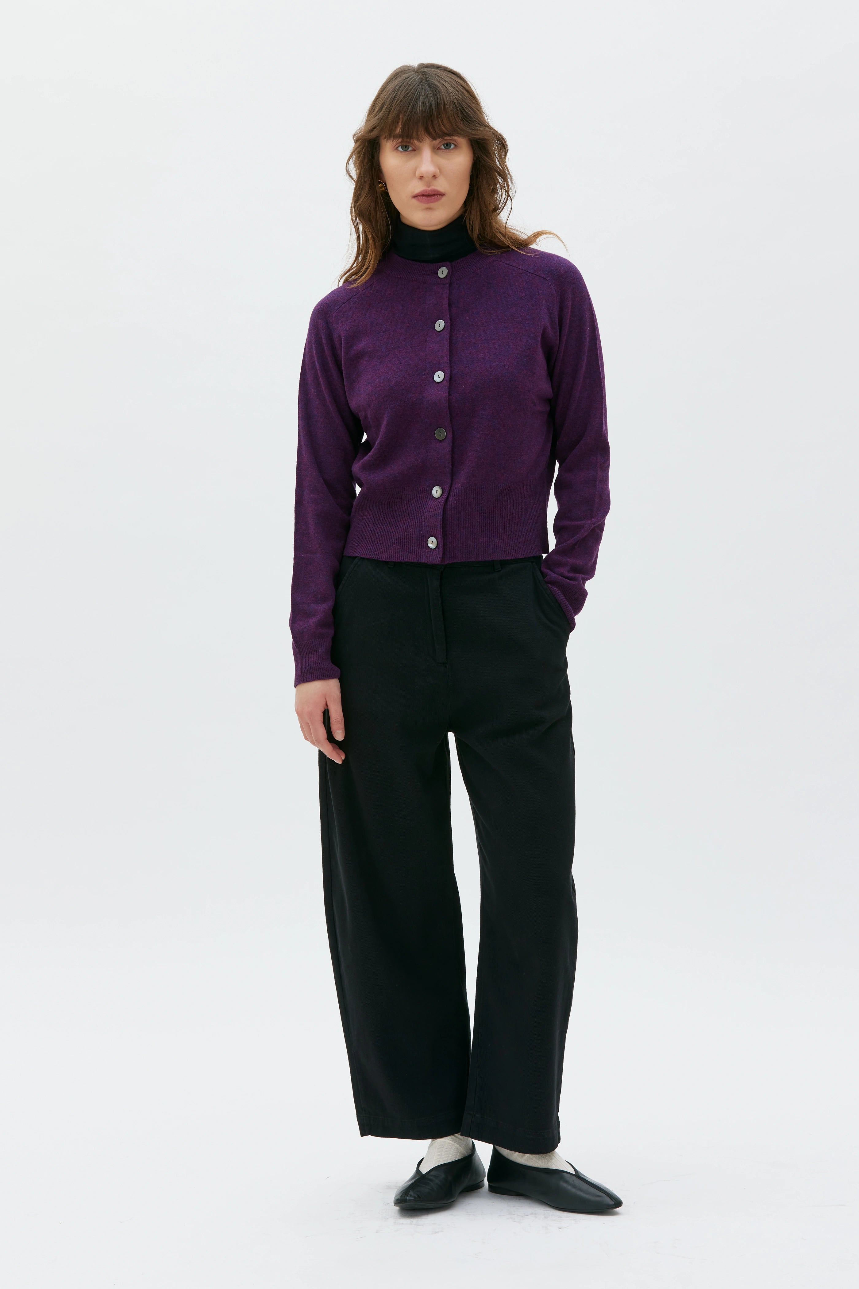 Malou Fine Knitted Crewneck Cardigan - Grape Melange