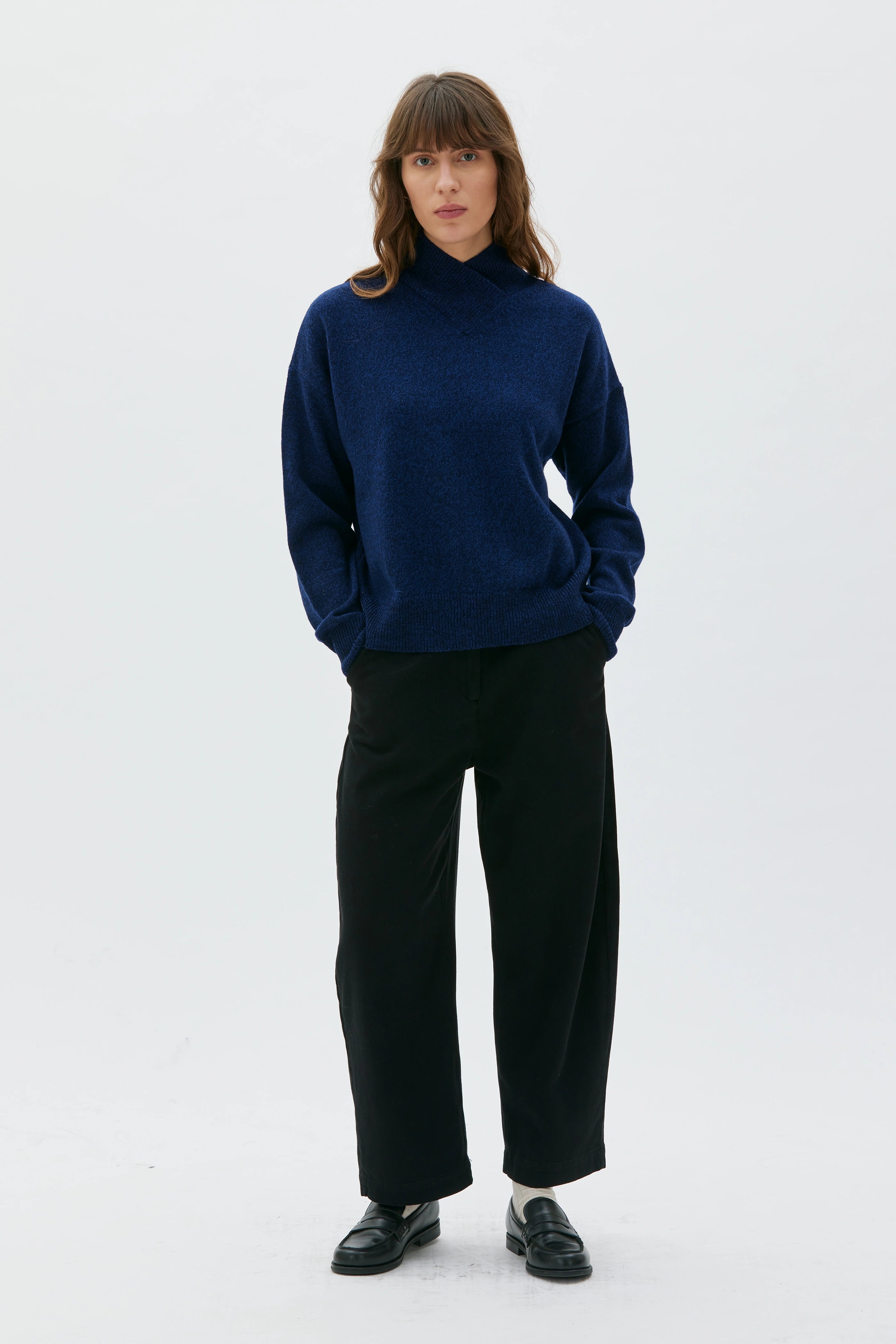 Runo Wrap Neck Merino Wool Cashmere Sweater - Deep Night Blue Mouliné