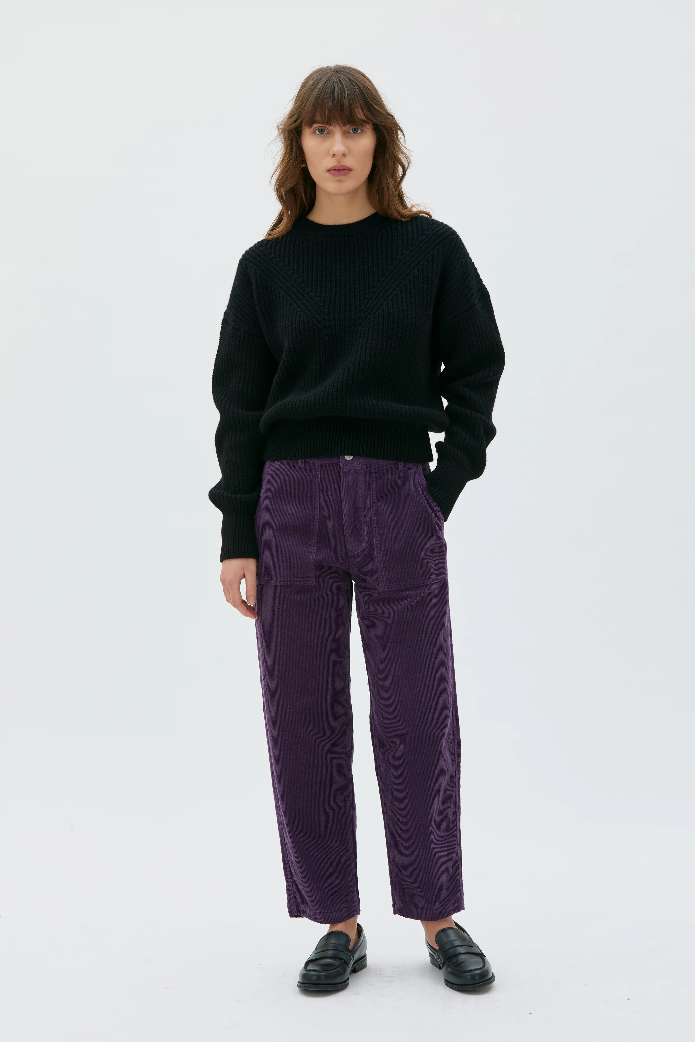 Ruth Barrel Leg Organic Cotton Corduroy Trousers - Elderberry