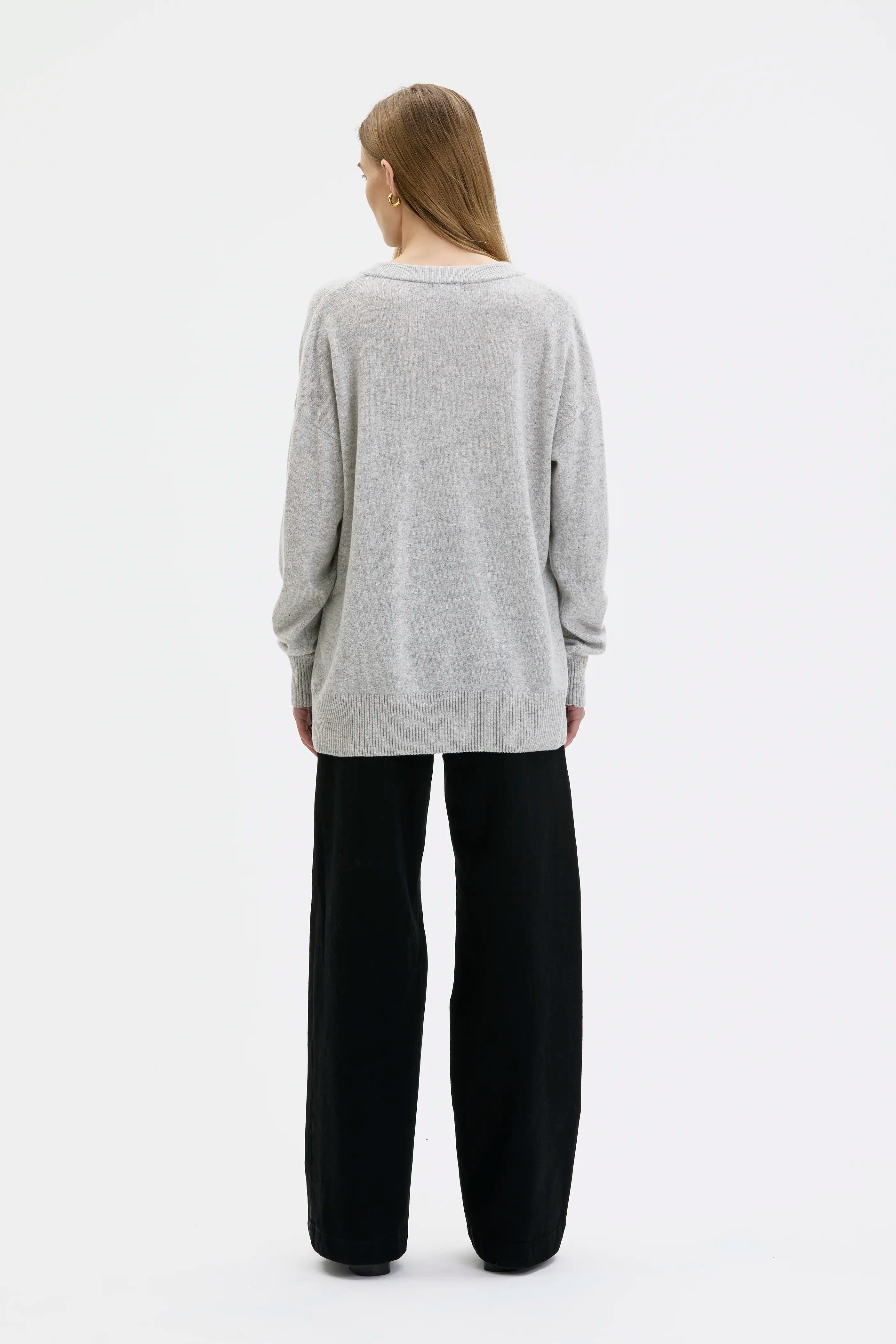 Boe V-Neck Long Cashmere Sweater - Grey Melange