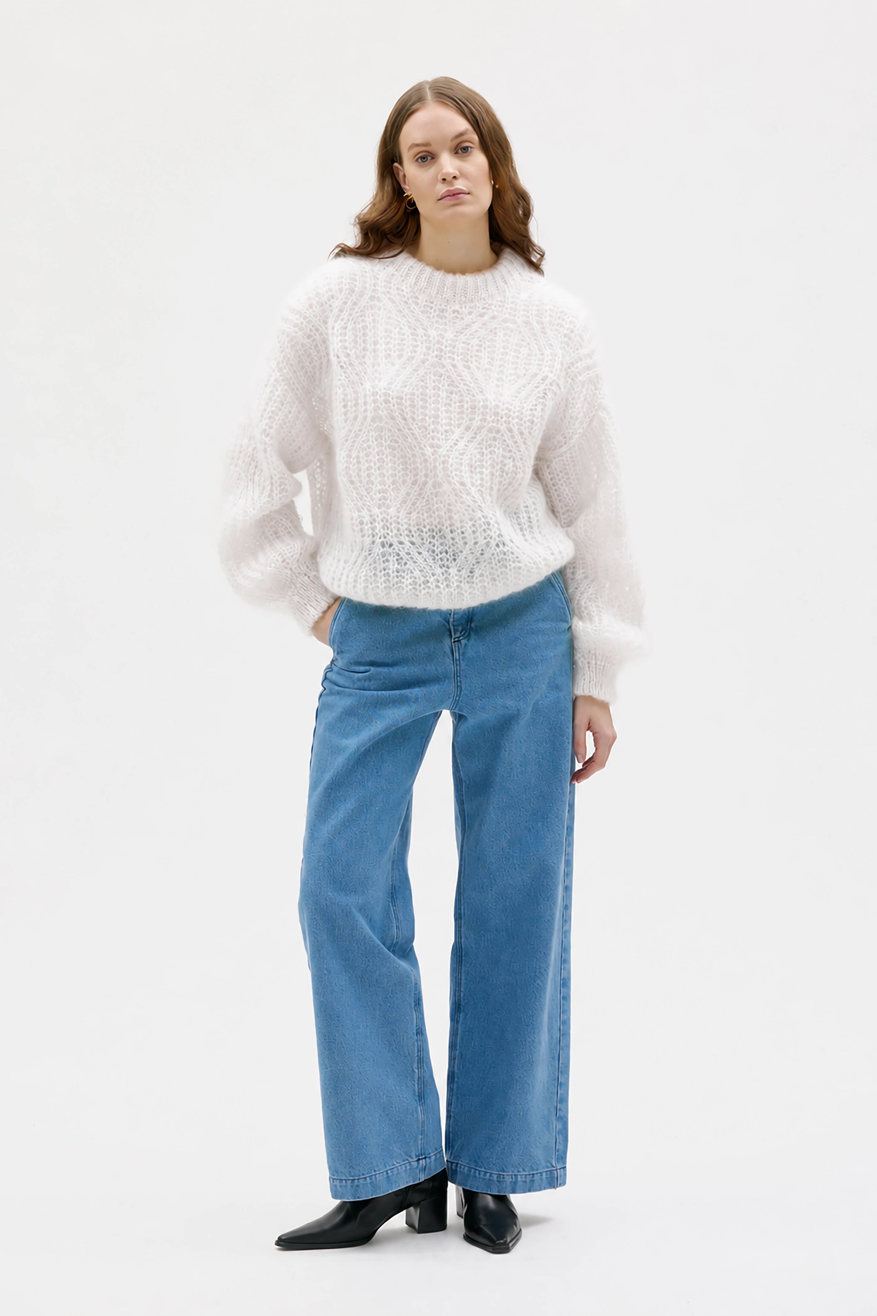 Dove Lace Knit Mohair Silk Sweater - White