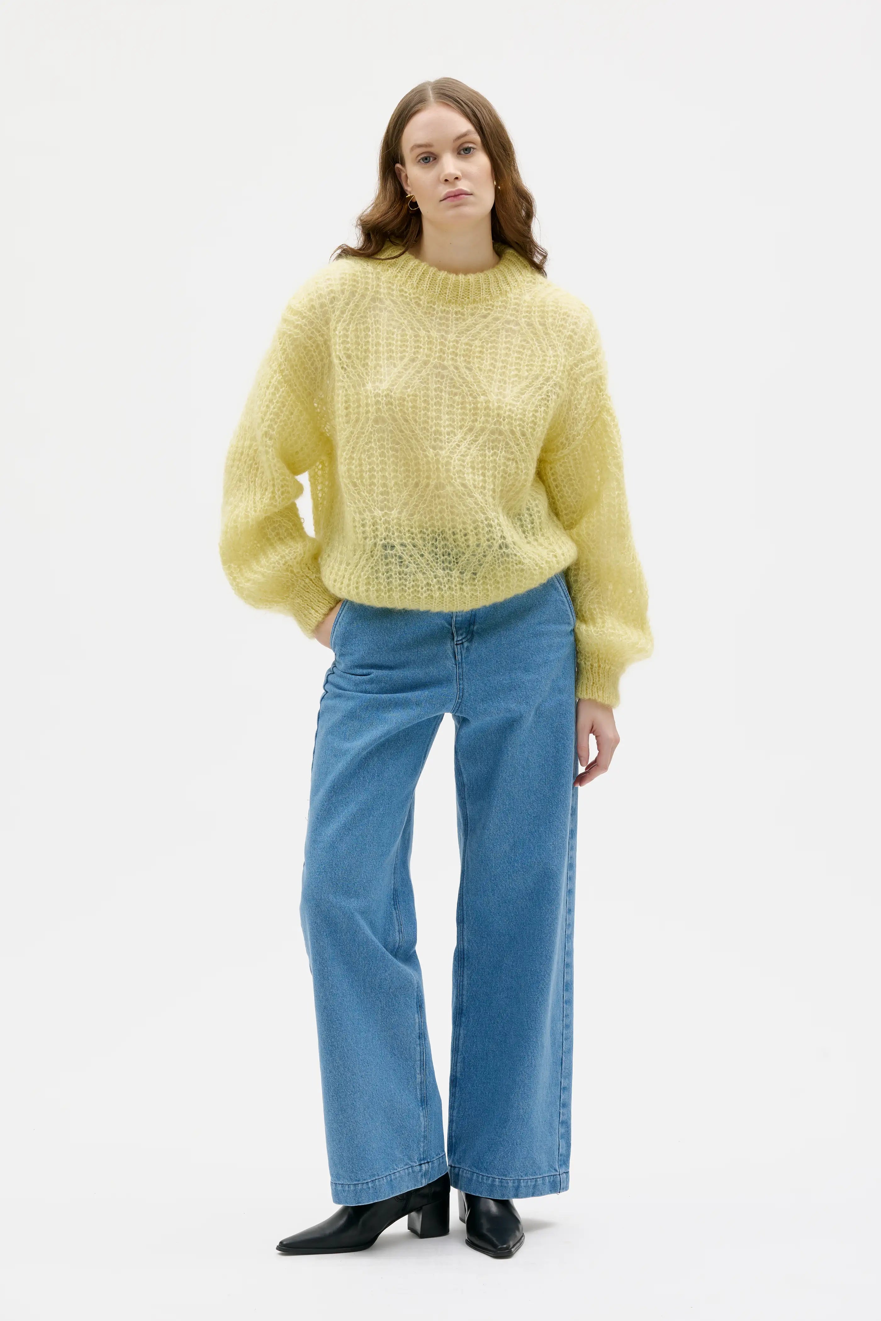Dove Lace Knit Mohair Silk Sweater - Light Yellow