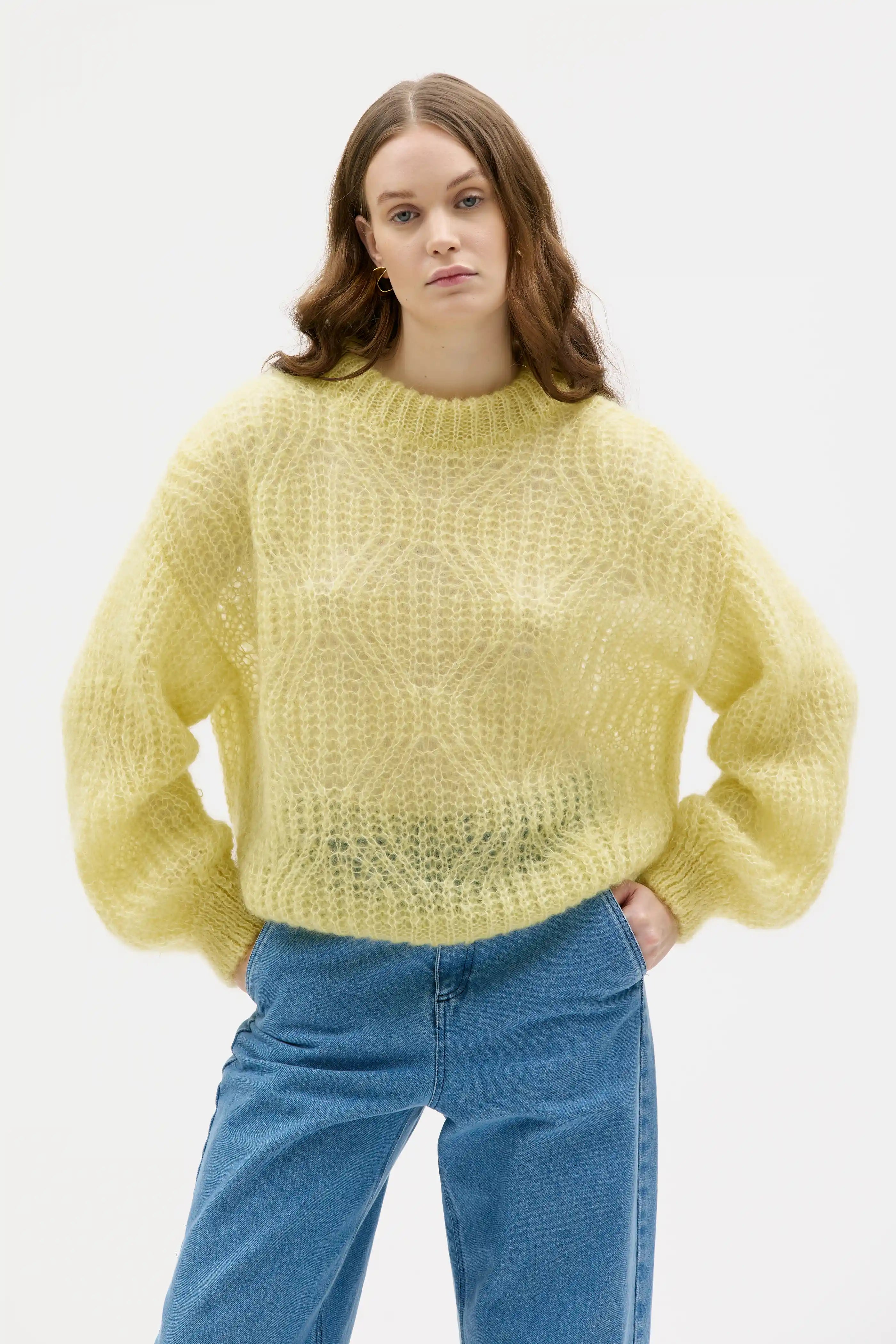 Dove Lace Knit Mohair Silk Sweater - Light Yellow