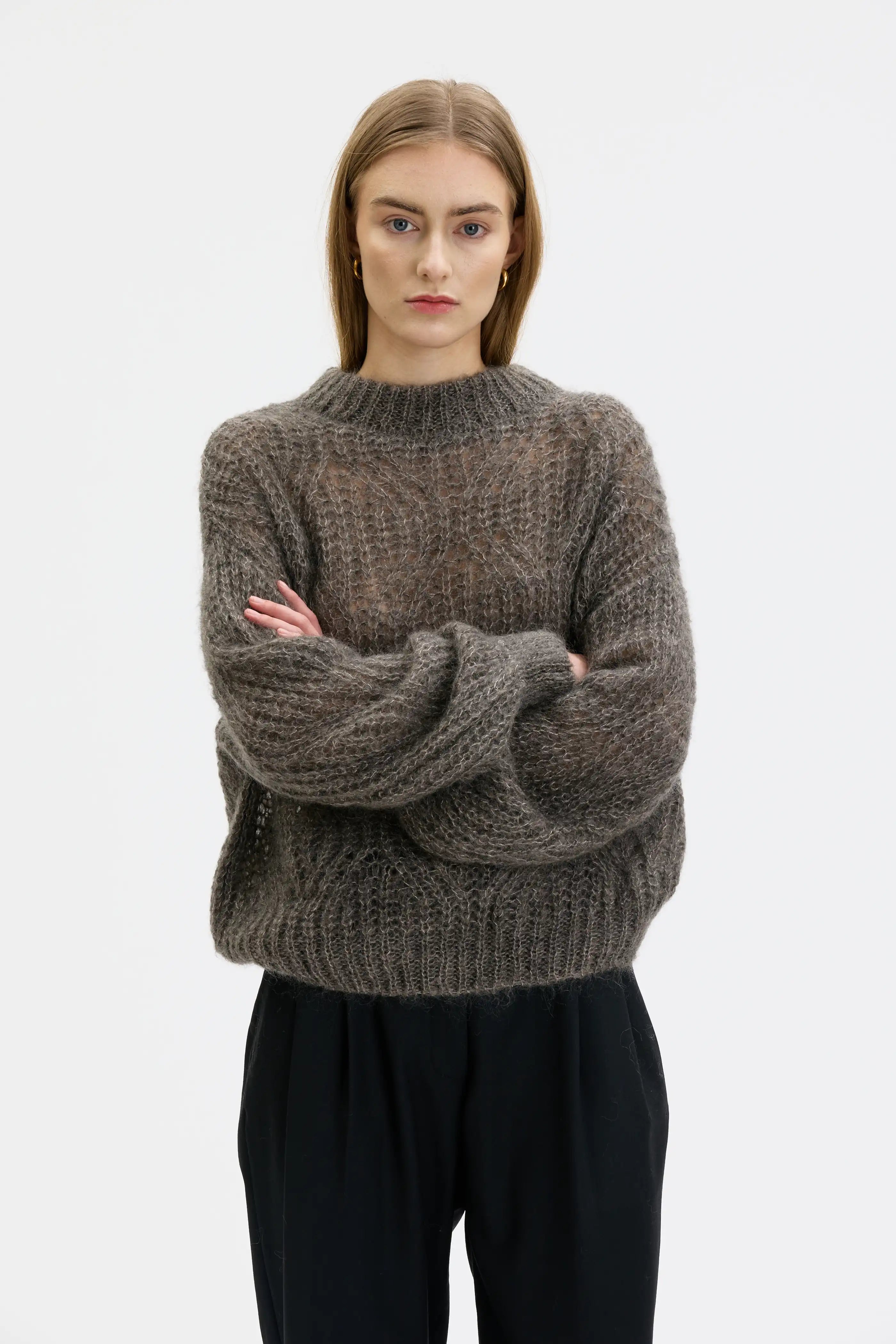 Dove Lace Knit Mohair Silk Sweater - Moleskin
