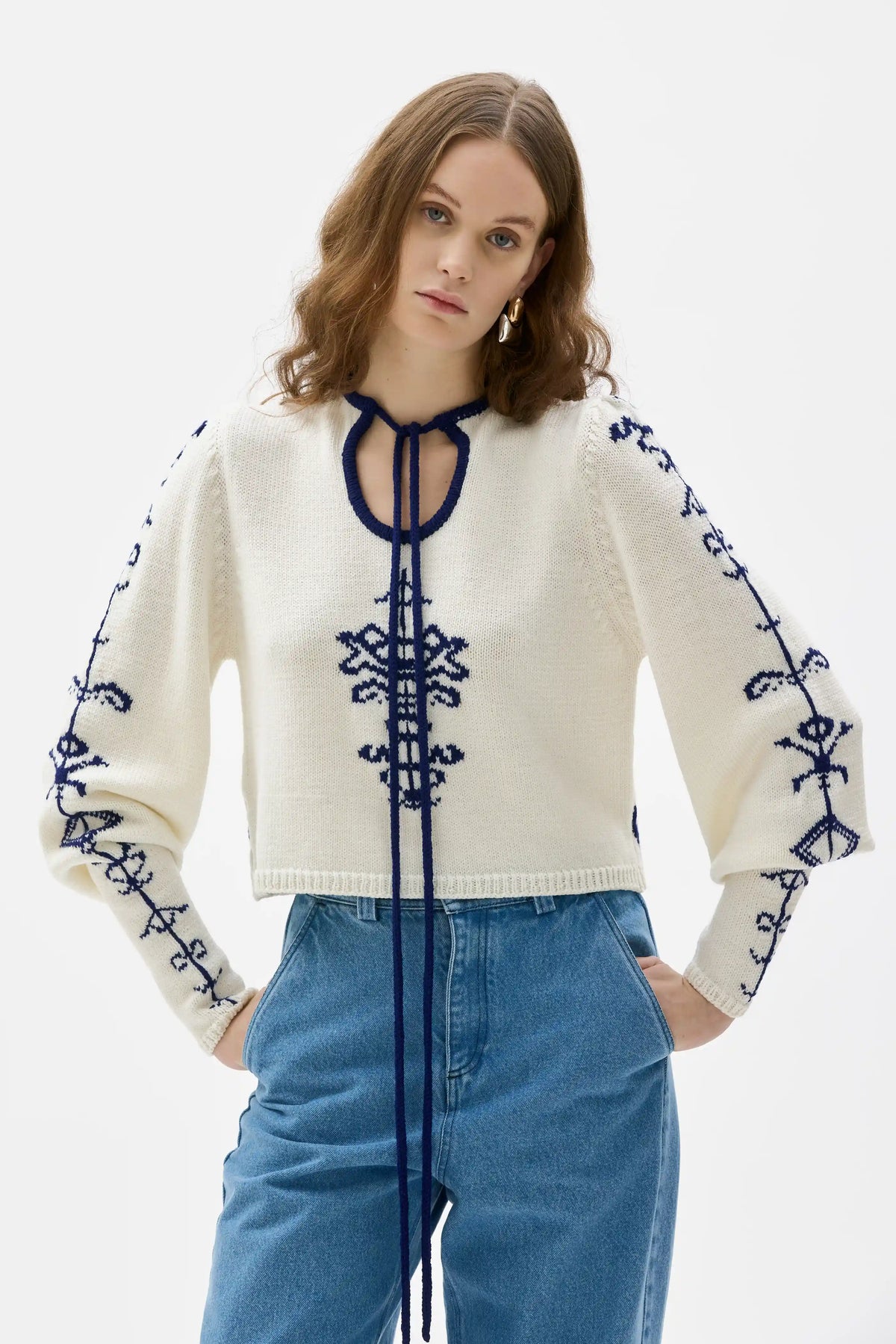 Porcelaine Pattern Wool Sweater - Cream White