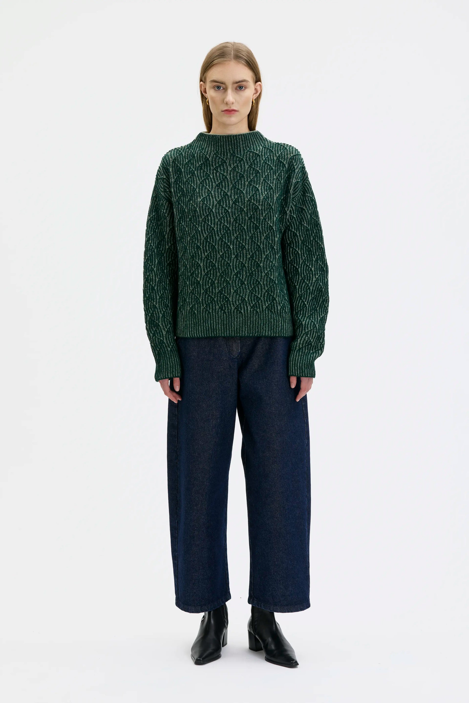 Zoya Textured Knit Lambswool Sweater - Pine Green