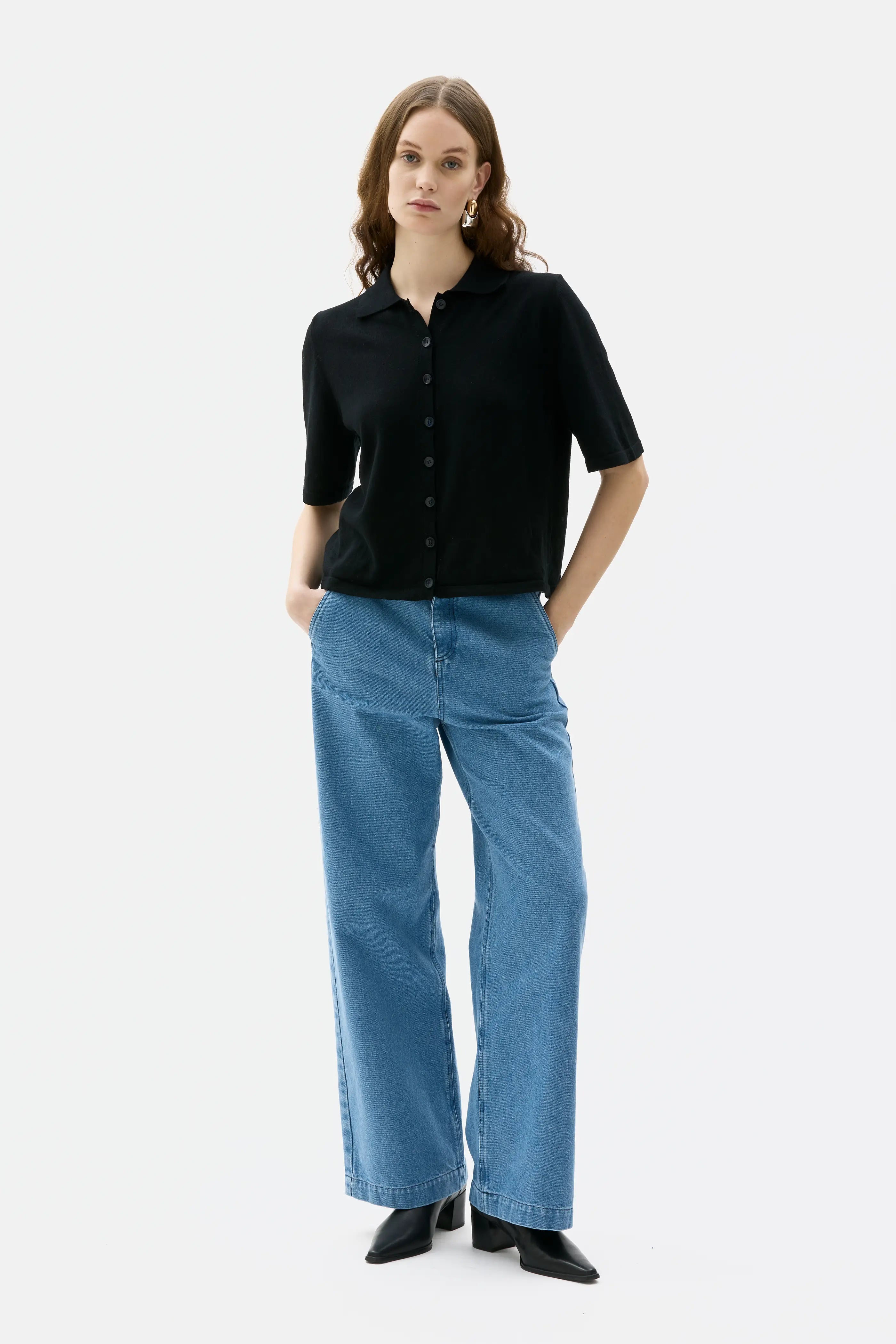 Lovo Fine Knitted Cotton Wool Buttoned T-shirt - Black