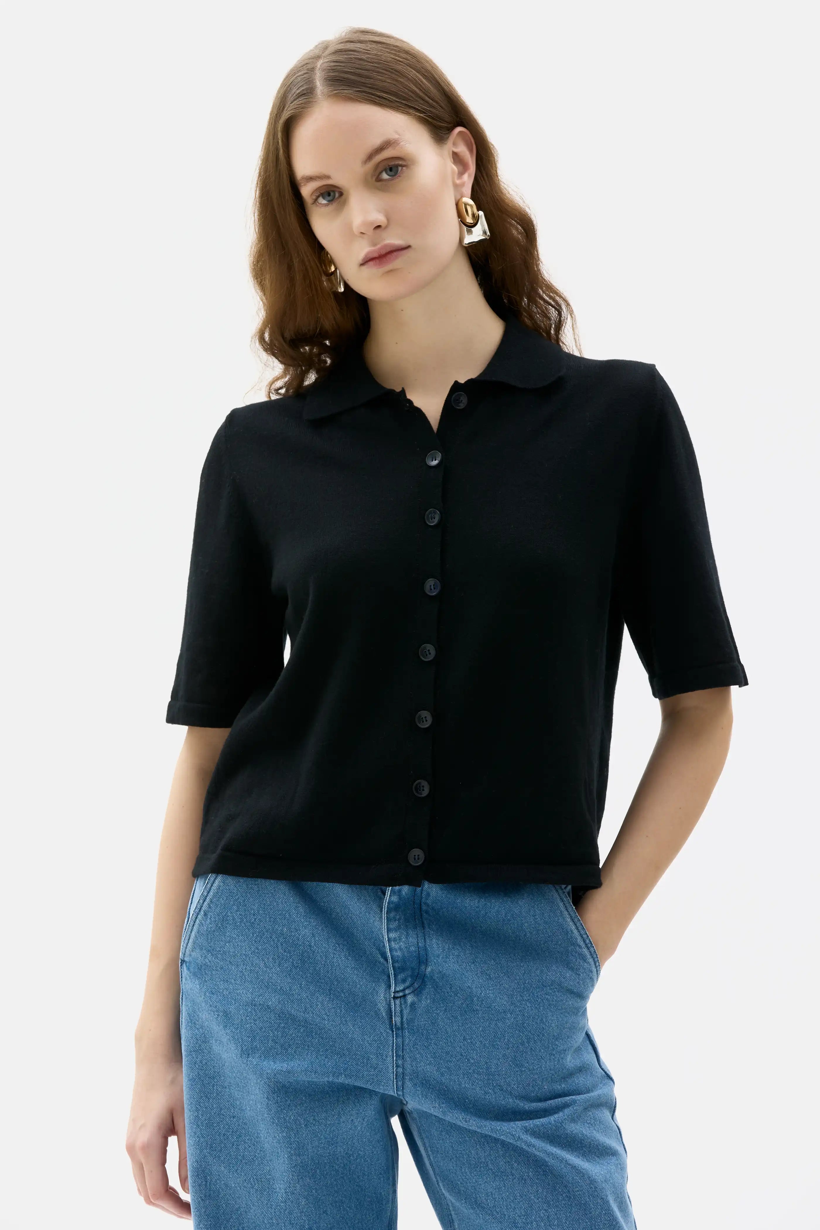 Lovo Fine Knitted Cotton Wool Buttoned T-shirt - Black