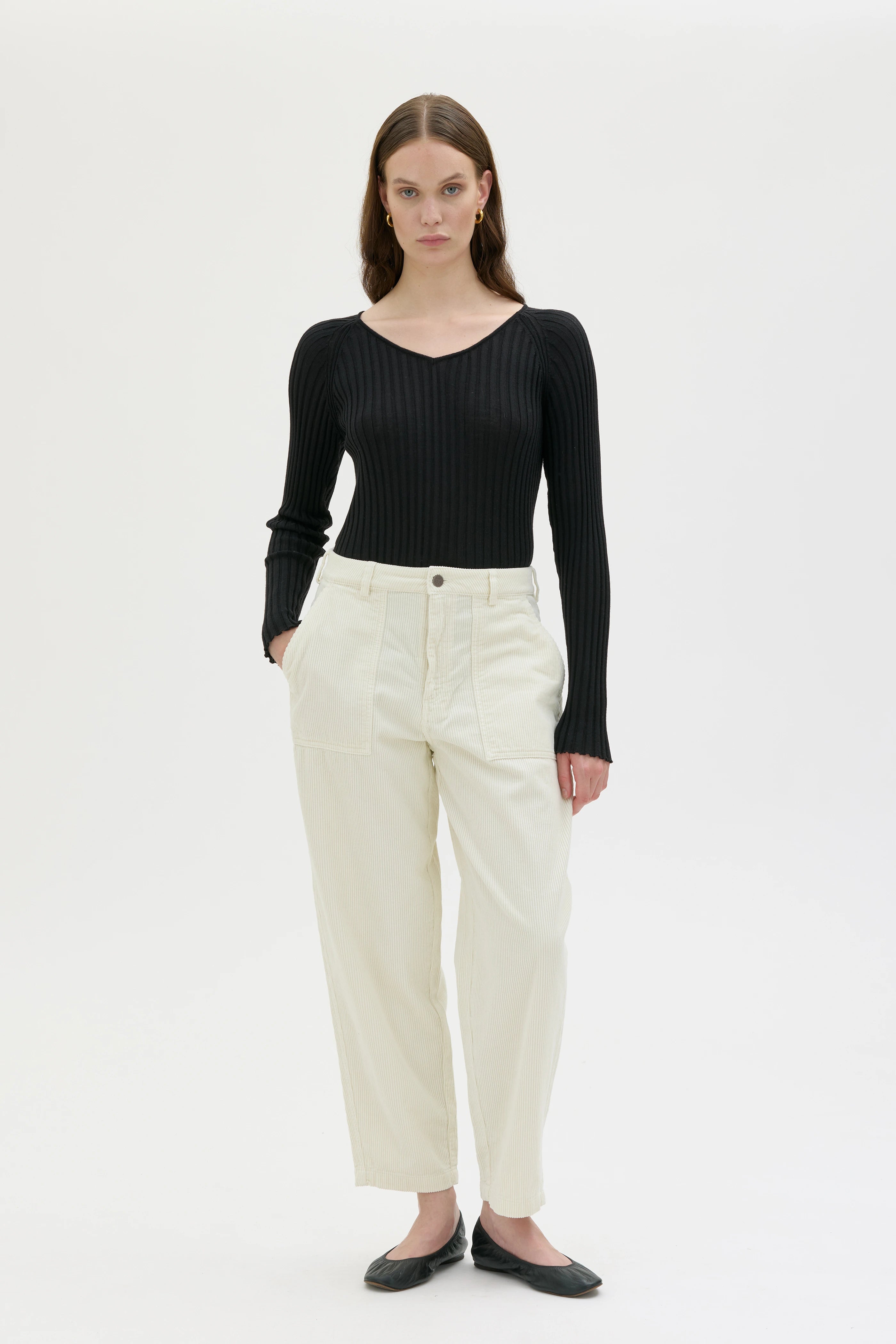 Ruth Barrel Leg Organic Cotton Corduroy Trousers - White