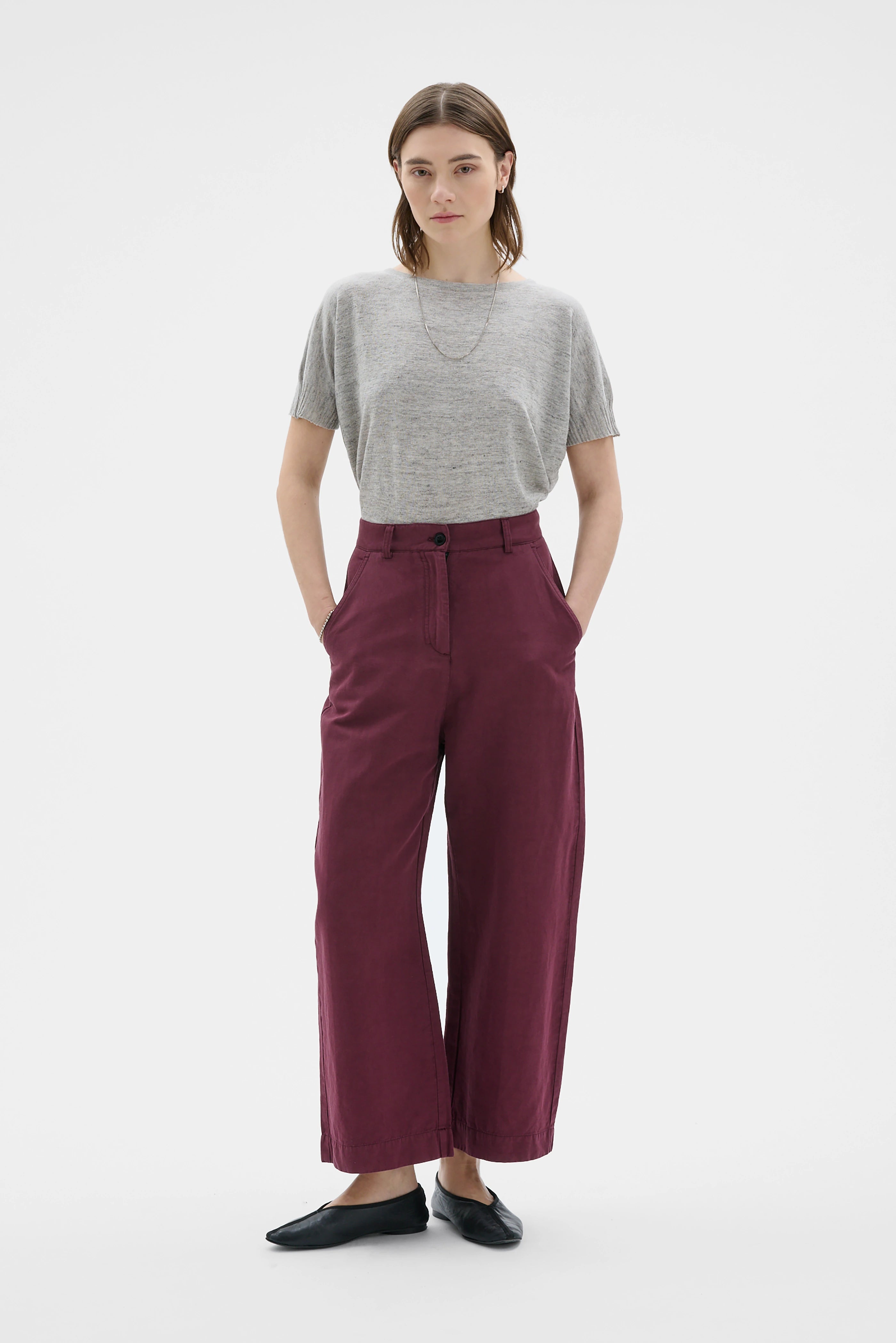 Hisa Organic Cotton Linen Tencel Curved Leg Trousers - Bordeaux