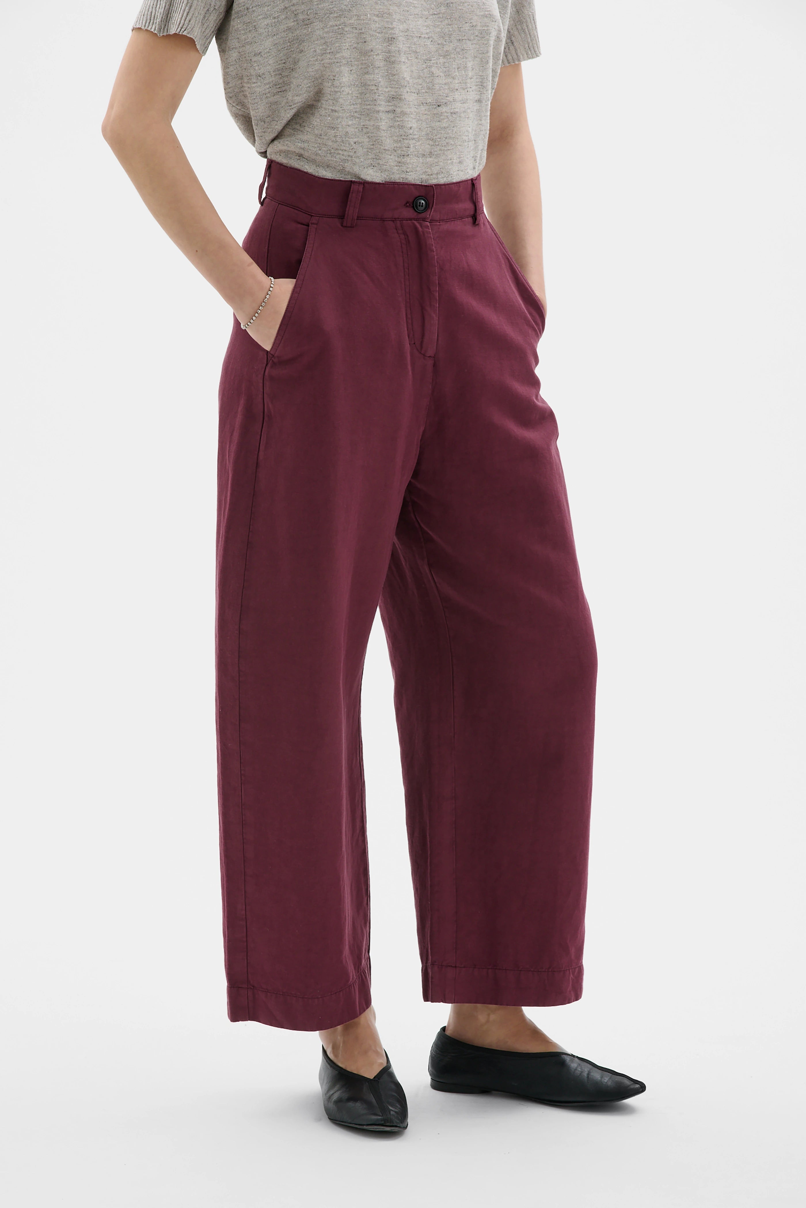 Hisa Organic Cotton Linen Tencel Curved Leg Trousers - Bordeaux