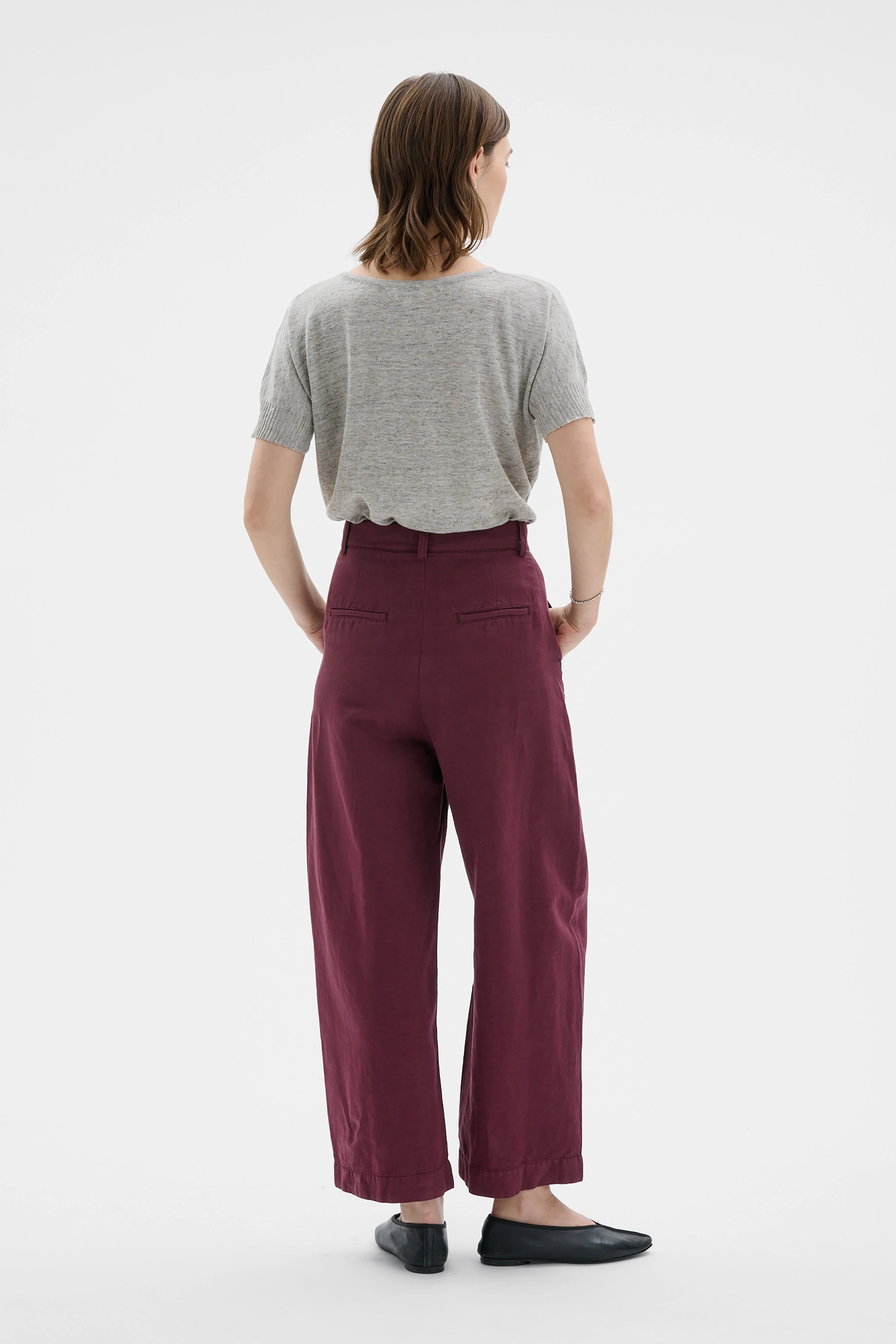 Hisa Organic Cotton Linen Tencel Curved Leg Trousers - Bordeaux
