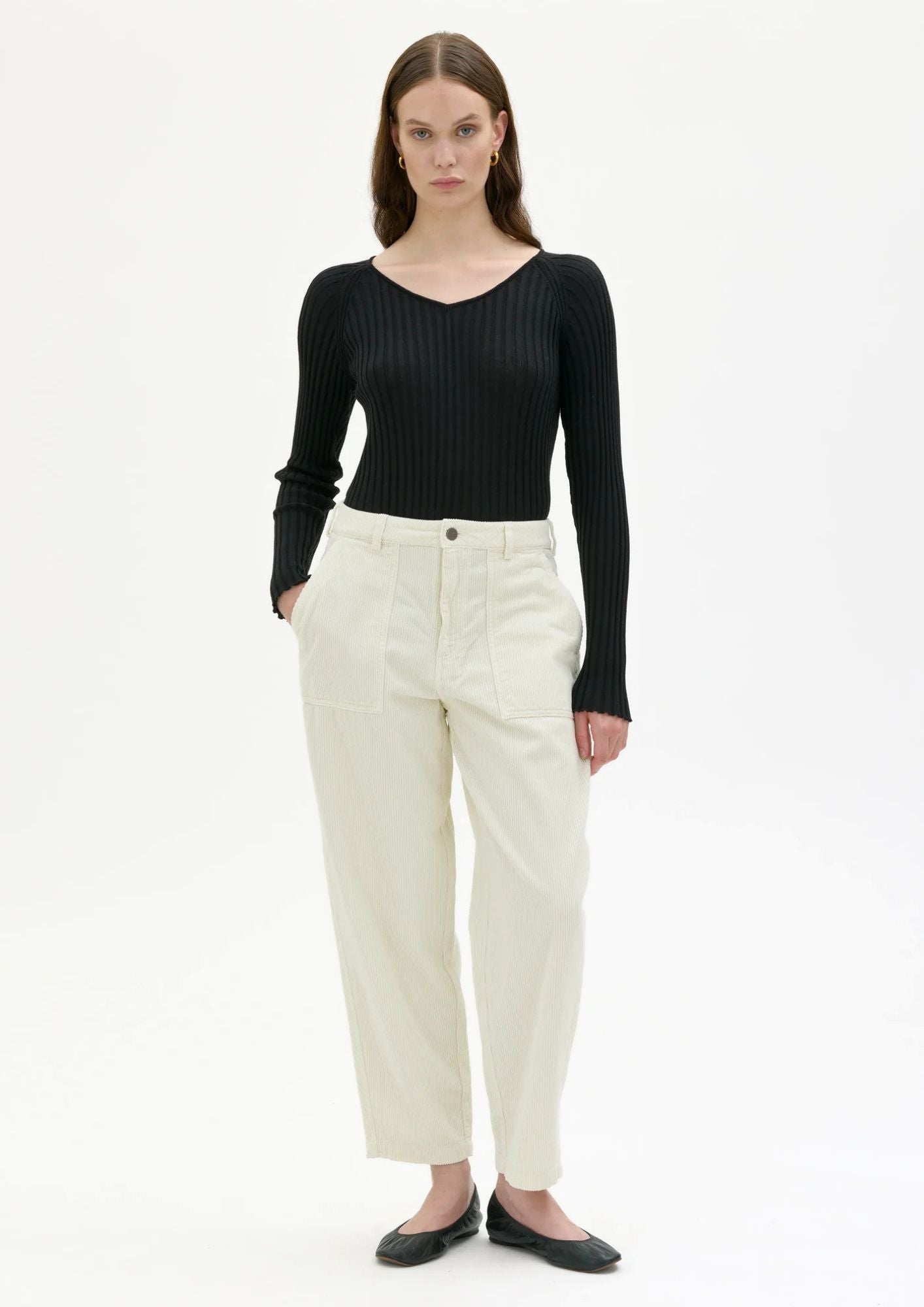 Ruth Barrel Leg Organic Cotton Corduroy Trousers - White